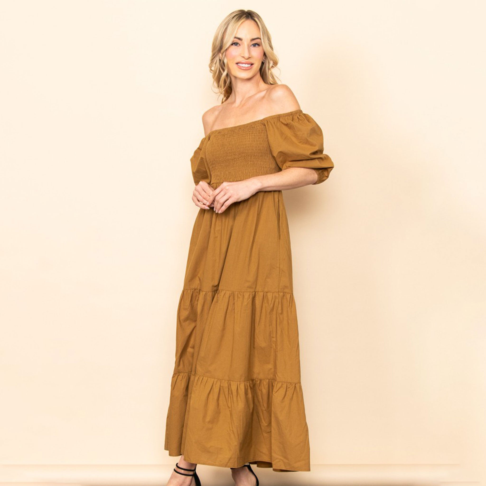 off the shoulder maxi dress in golden brown color