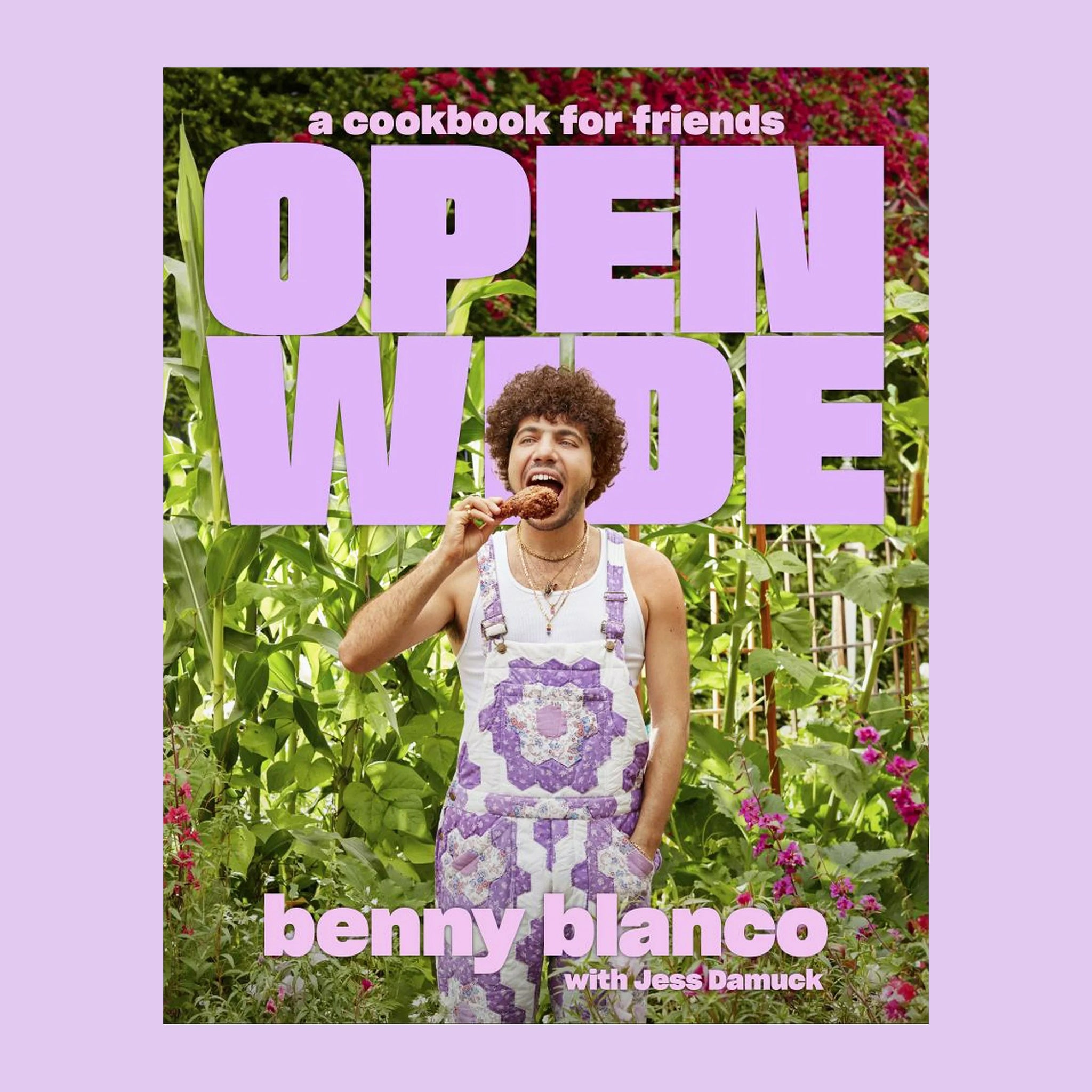 &#39;a cookbook for friends Open Wide&#39; in purple text over a photo of Benny Blanco eating a piece of chicken in purple overalls. 