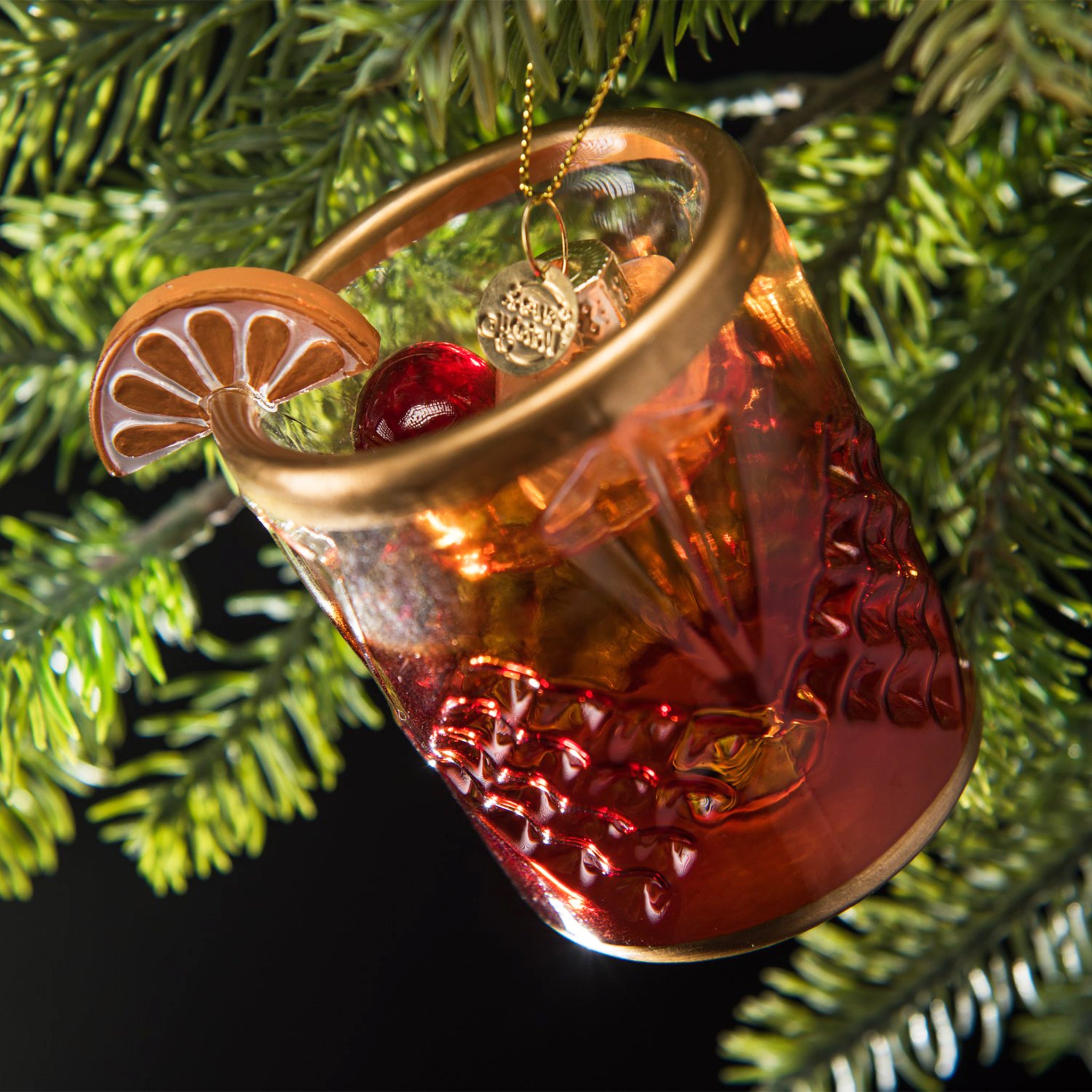 An old fashioned cocktail shaped ornament. 