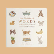 An ivory square book with neutral items on the front cover with text in the center that reads, 'Our Big Book of Words'.