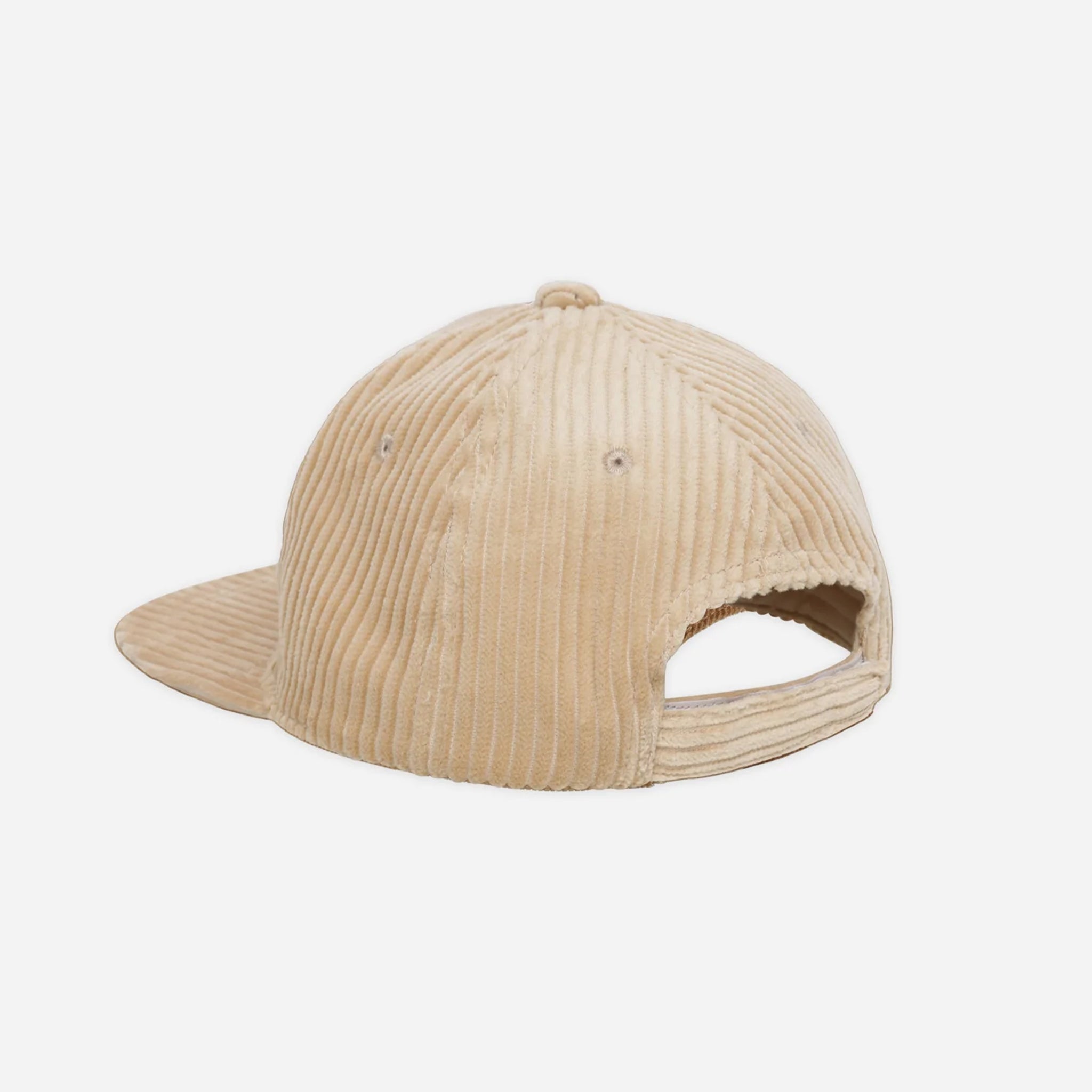 A tan flat brim baseball hat for kids with brown embroidered text on the front that reads, 'Out West' along with a cactus graphic embroidered. 