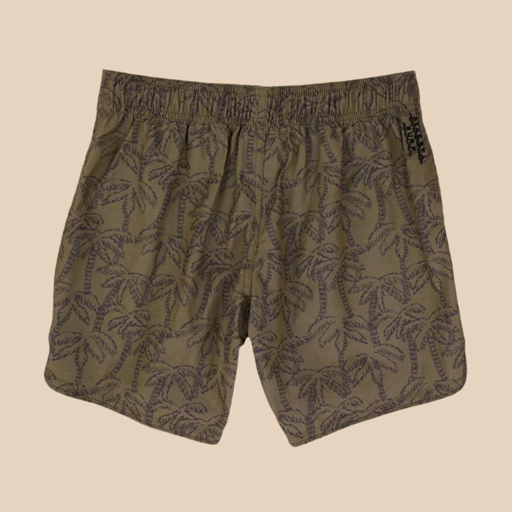 A dark green pair of boardshorts with a palm tree print and black drawstring. 