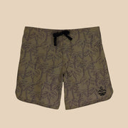 A dark green pair of boardshorts with a palm tree print and black drawstring. 