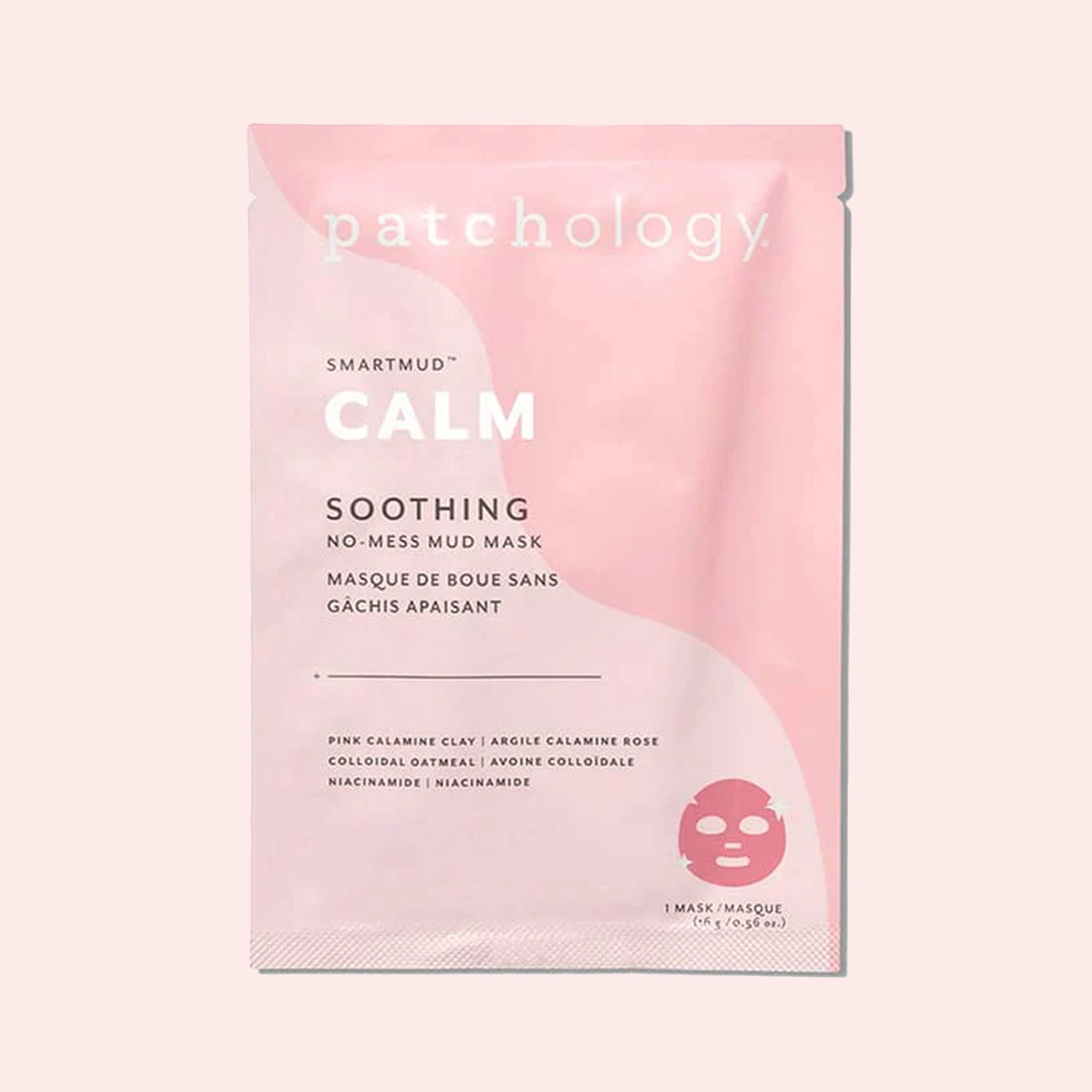 A pink mud mask in a sheet mask form packaged in a two-toned pink packaging. 