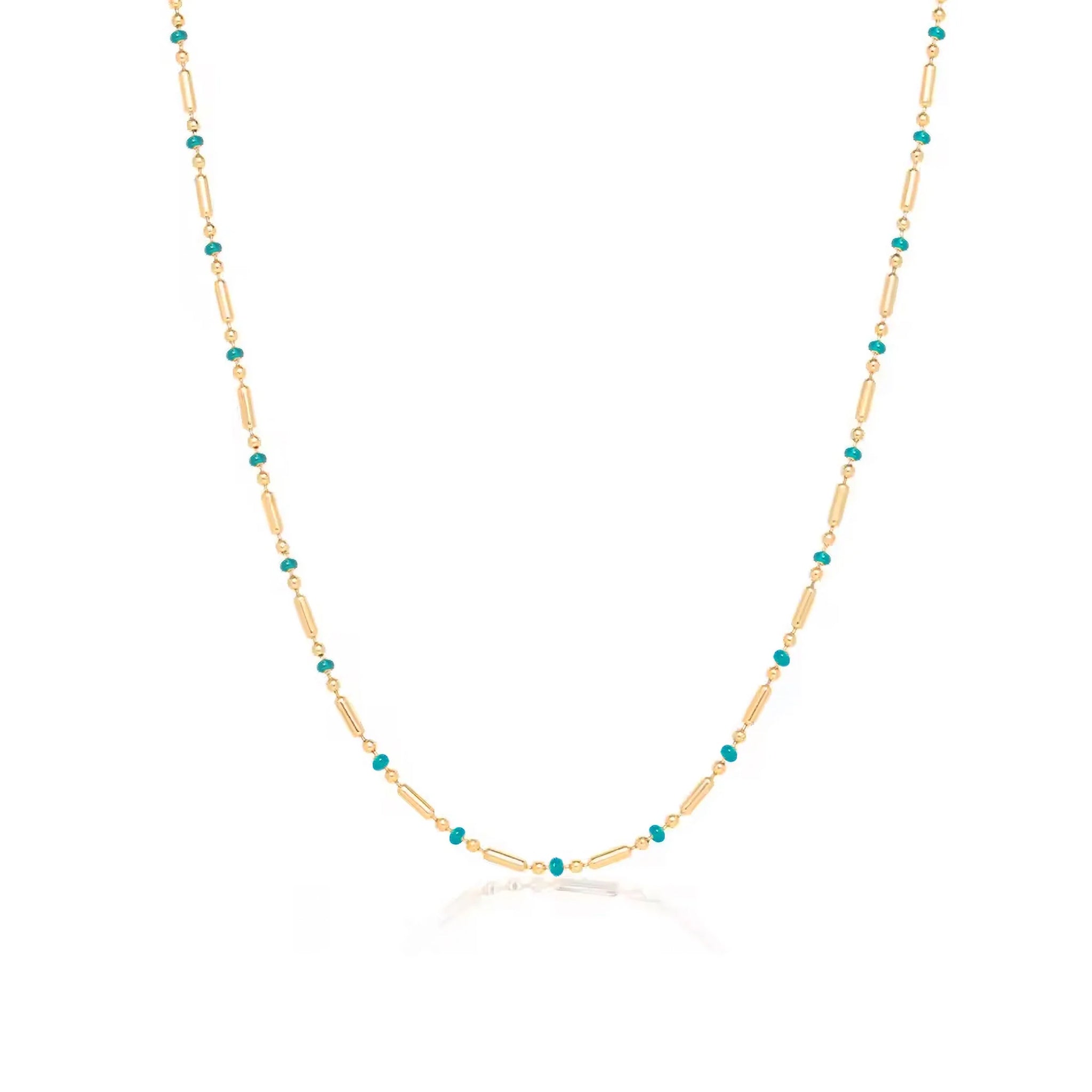 A turquoise and gold beaded chain necklace. 