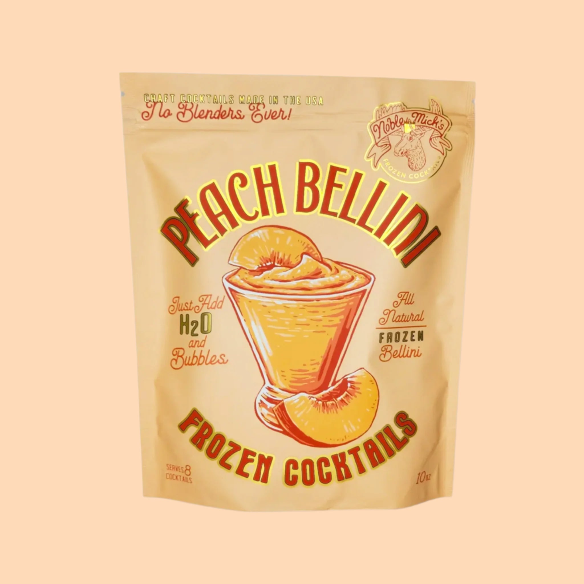 A frozen peach bellini cocktail mix package. 