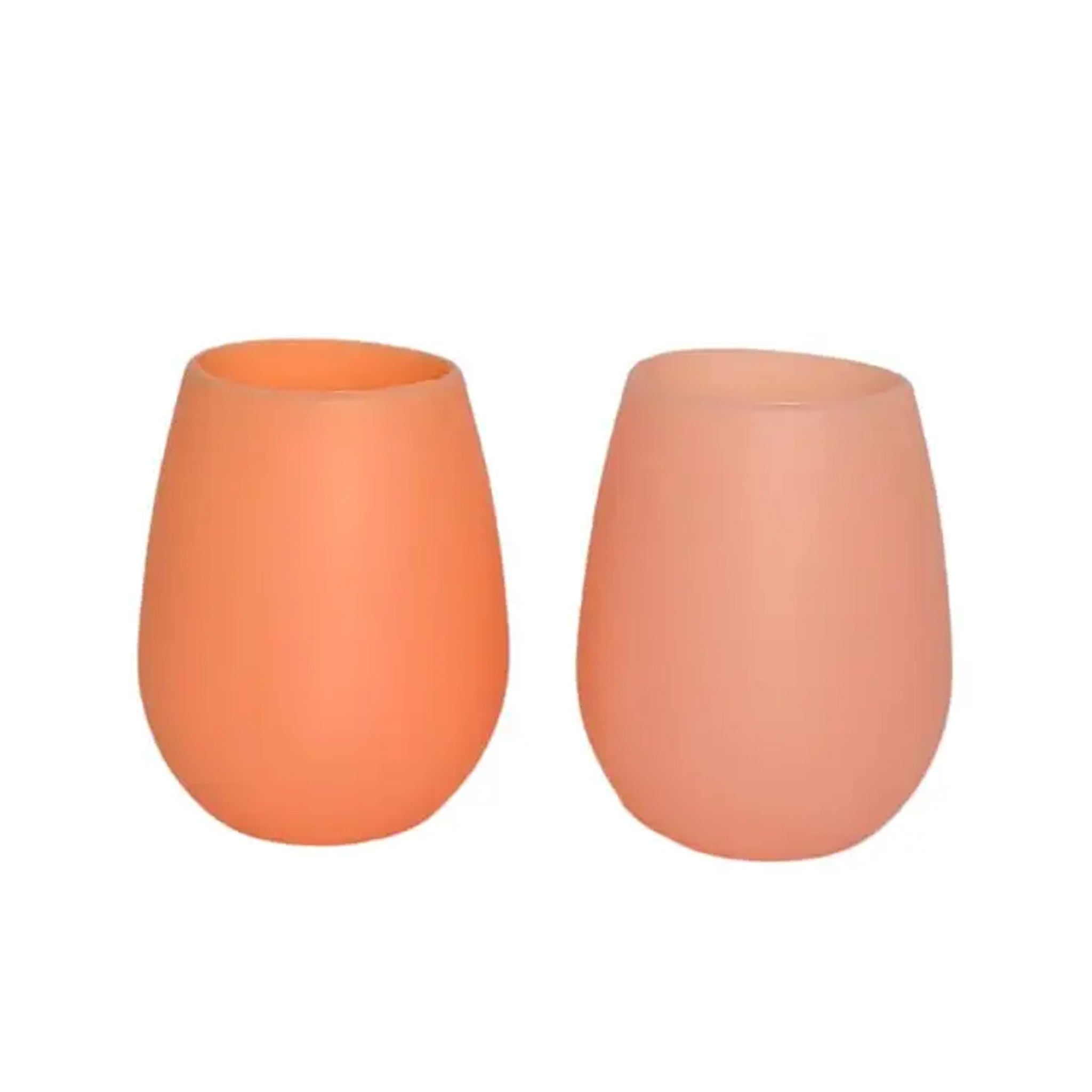 Two peach and pink colored silicone stemless cups.