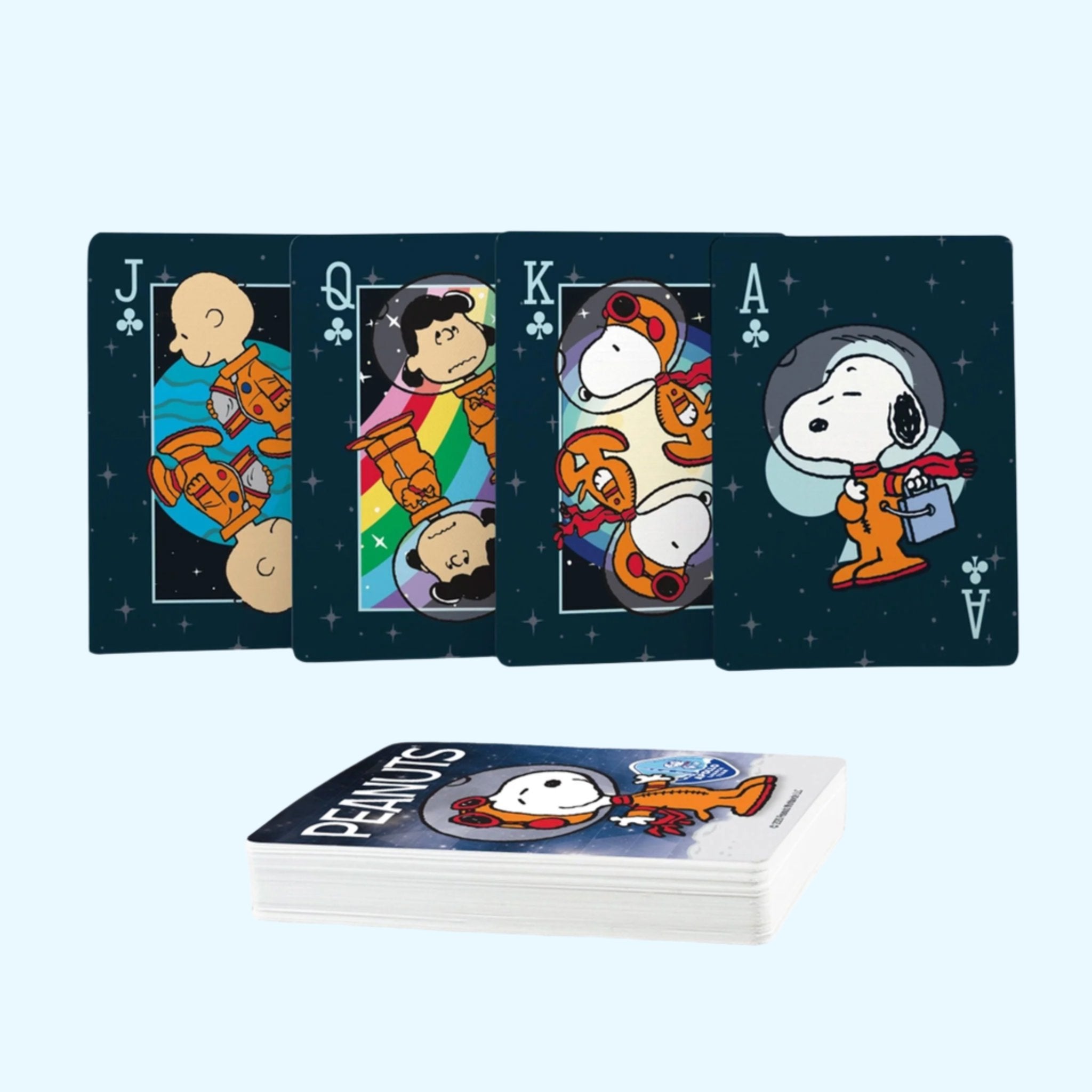 A deck of cards with Snoopy illustrations on them. 