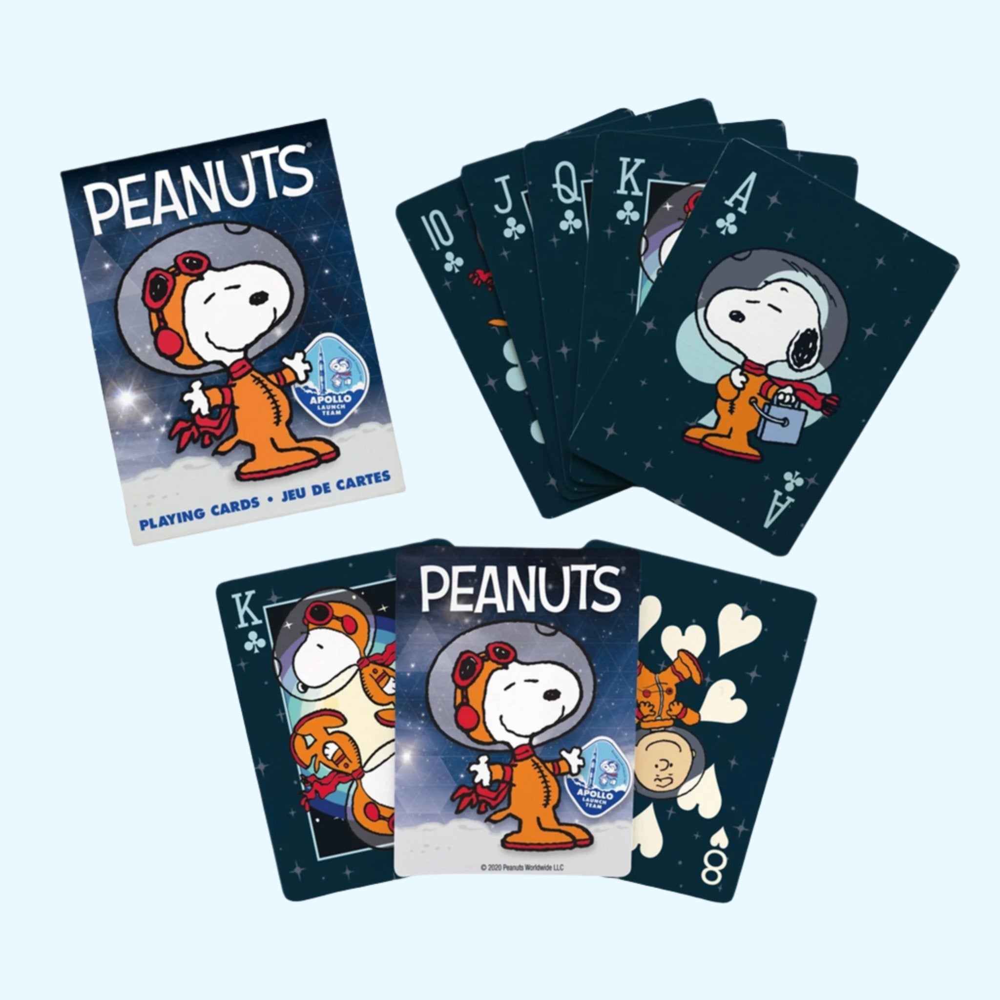 A deck of cards with Snoopy illustrations on them. 