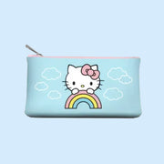 A blue pencil pouch with a hello kitty and rainbow graphic. 