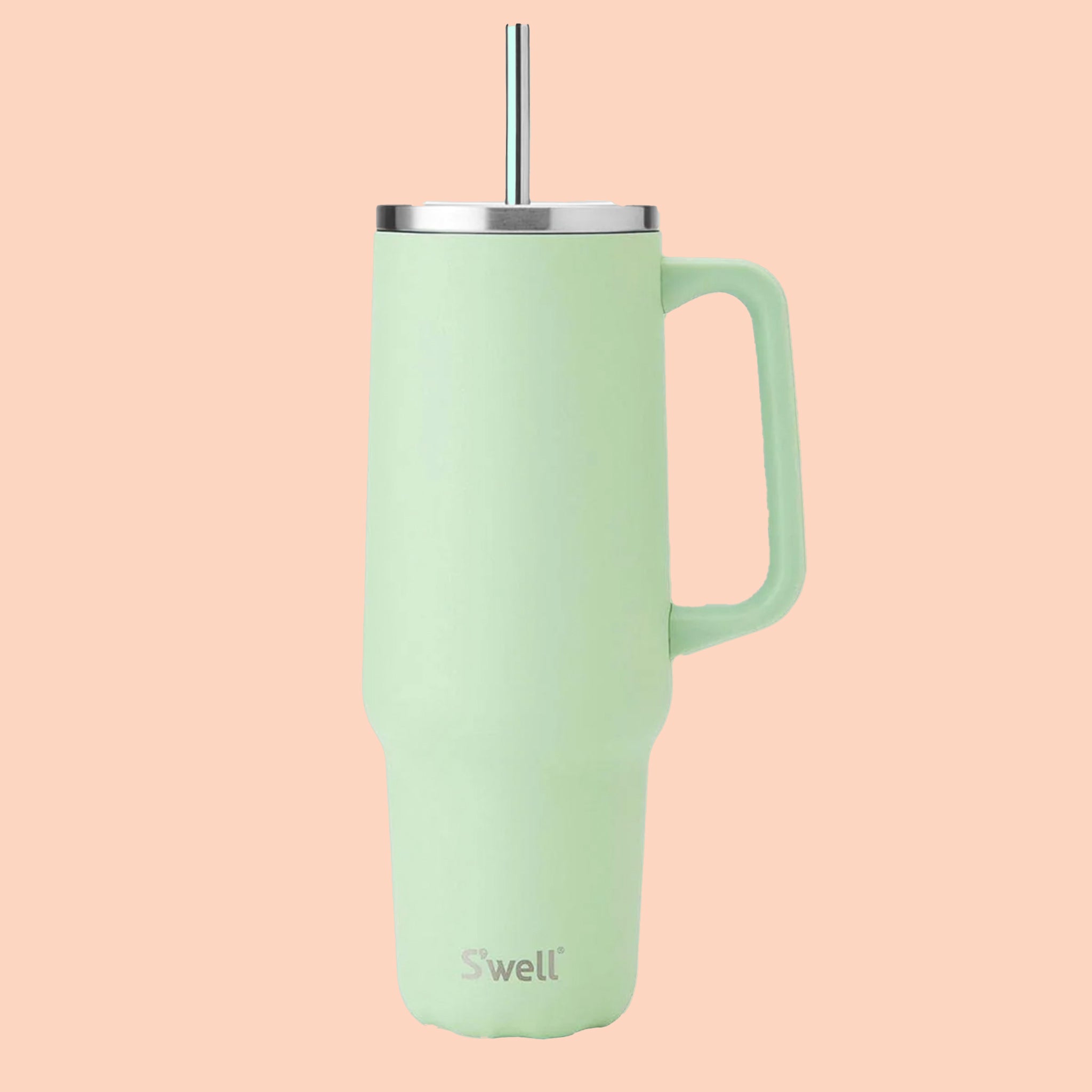 A light green tumbler with a silver lid and straw.