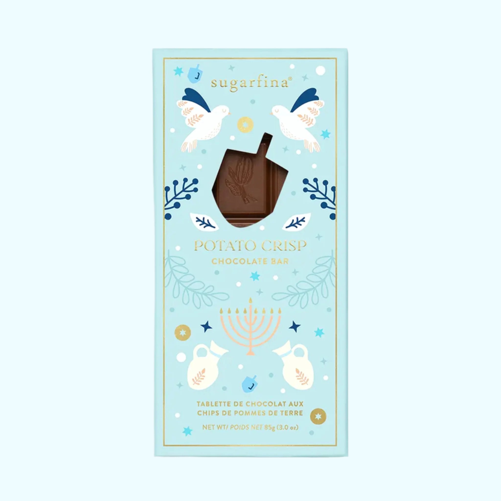 A chocolate bar with blue packaging decorated with Hanukkah designs.  