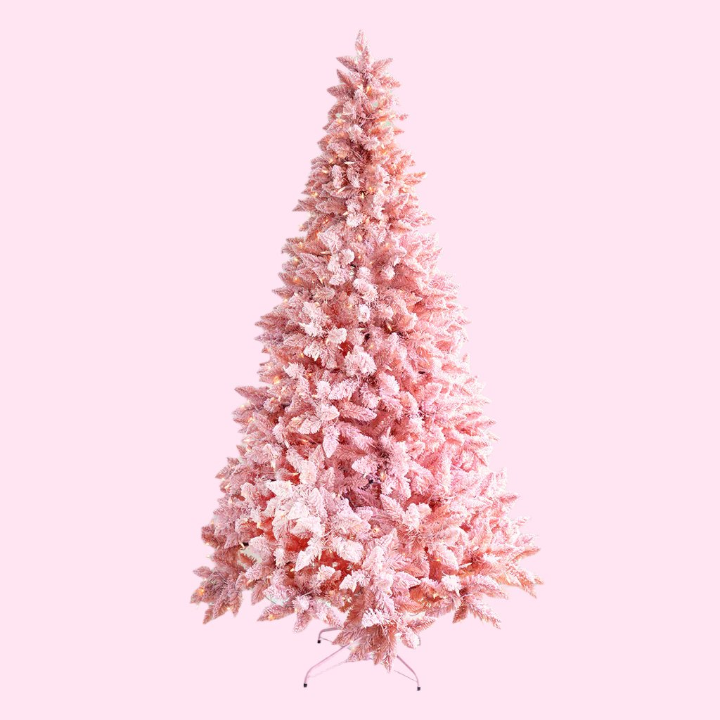 A pink flocked Christmas tree. 