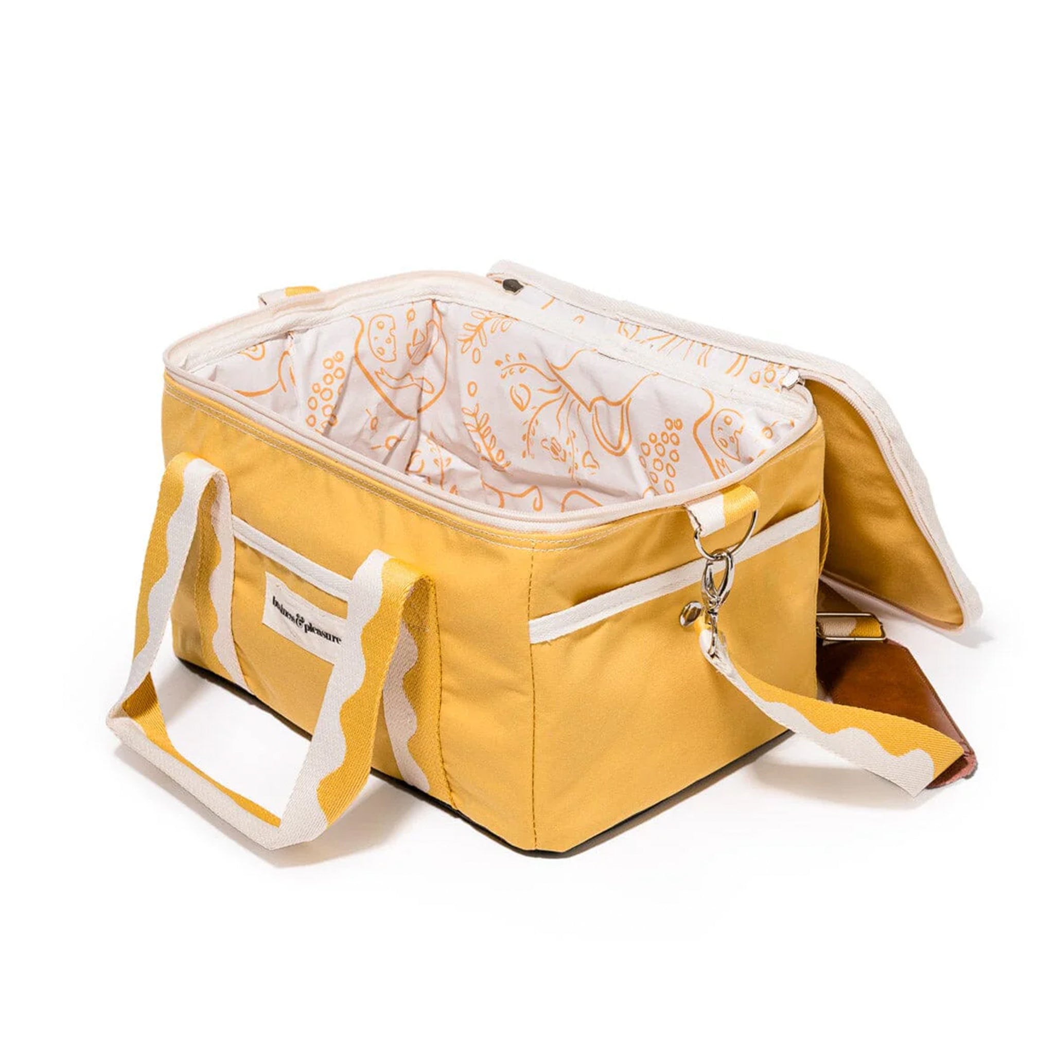 A yellow cooler bag with wavy ivory and yellow handles.