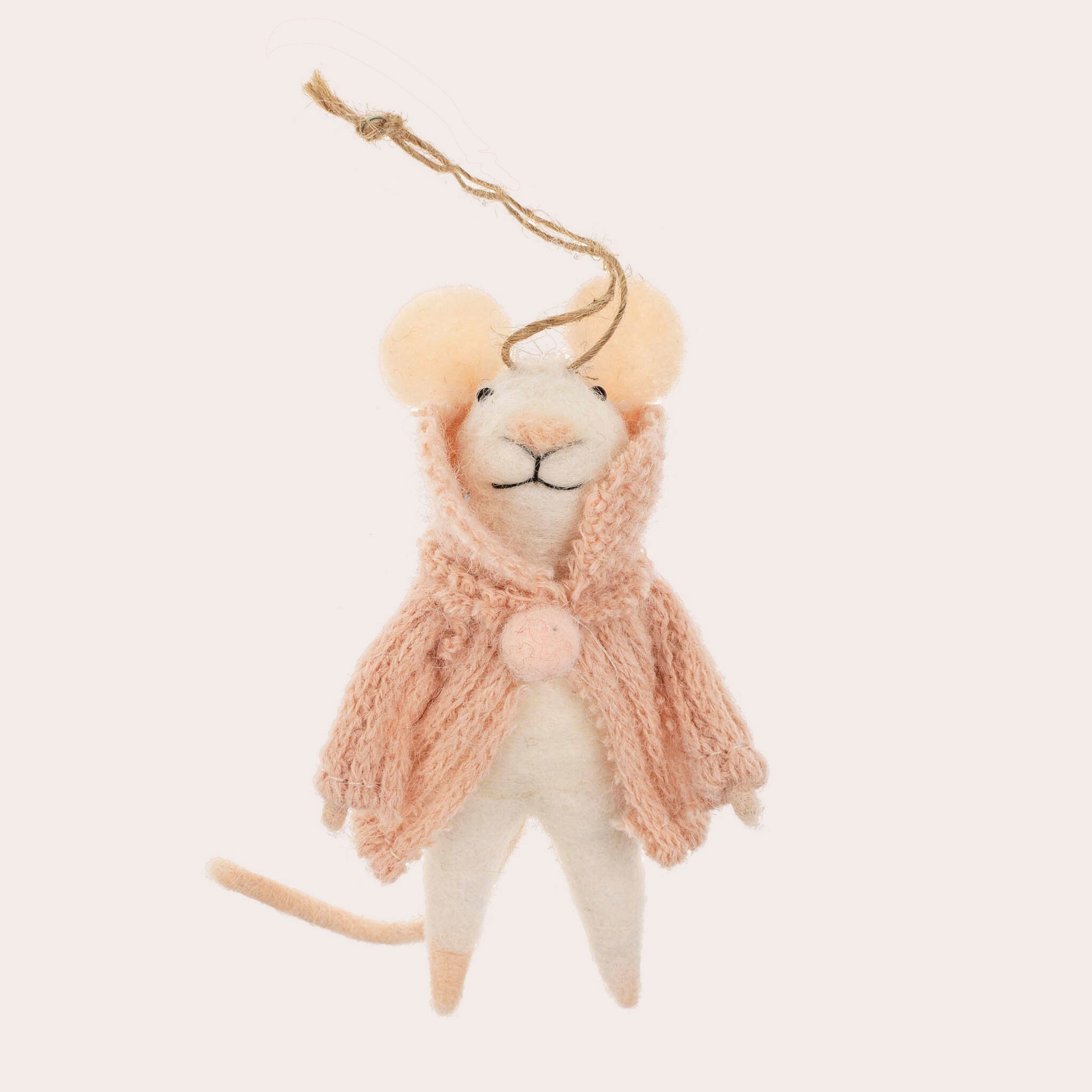 A mouse shaped ornament wearing a pink sweater. 