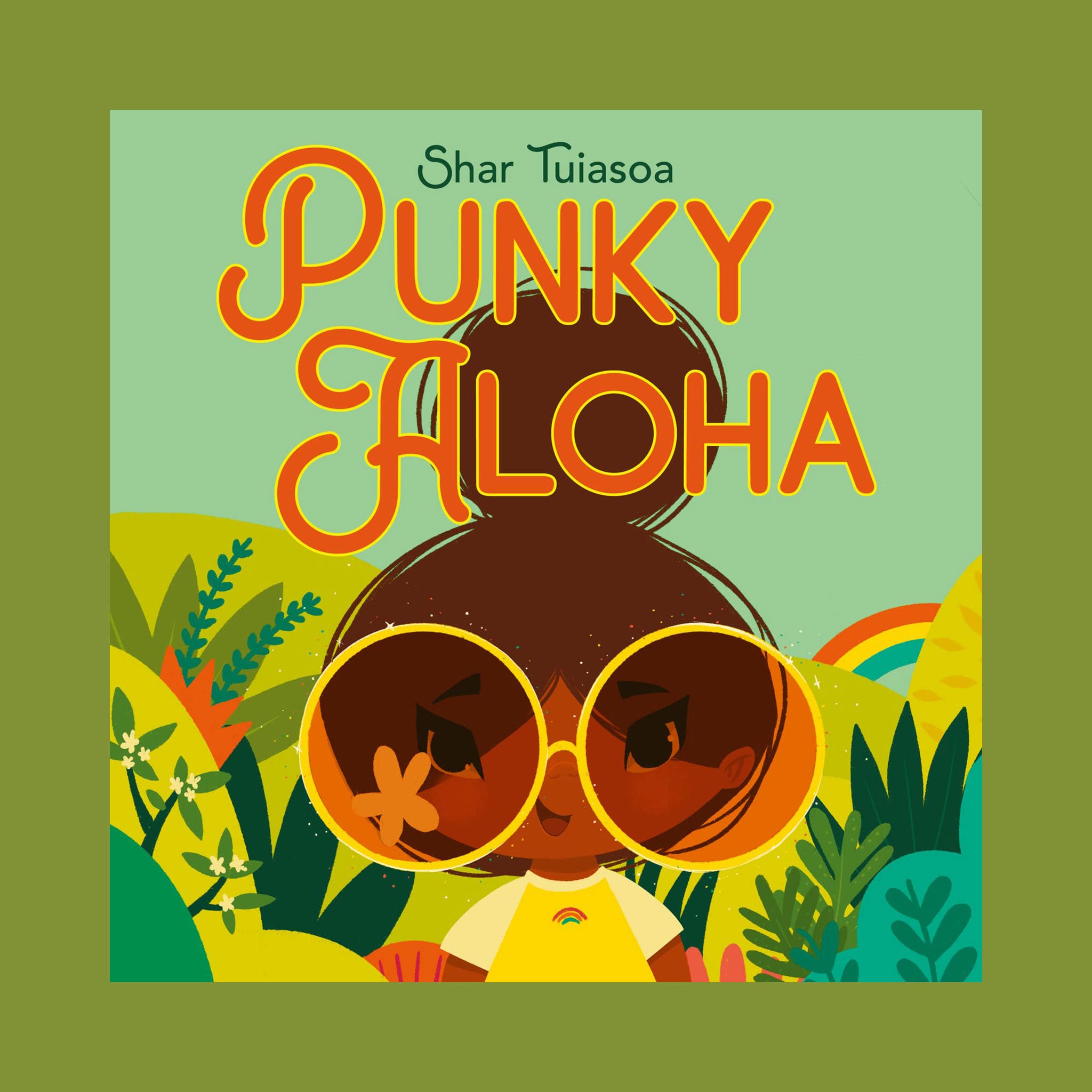 A vibrant book cover with the main character in a groovy rainbow tshirt and big round sunnies along with the title that reads, "Punky Aloha".