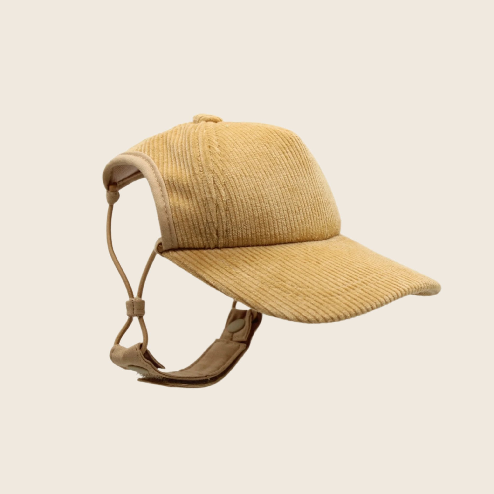 A corduroy baseball hat for pets with a chin strap for adjusting. 