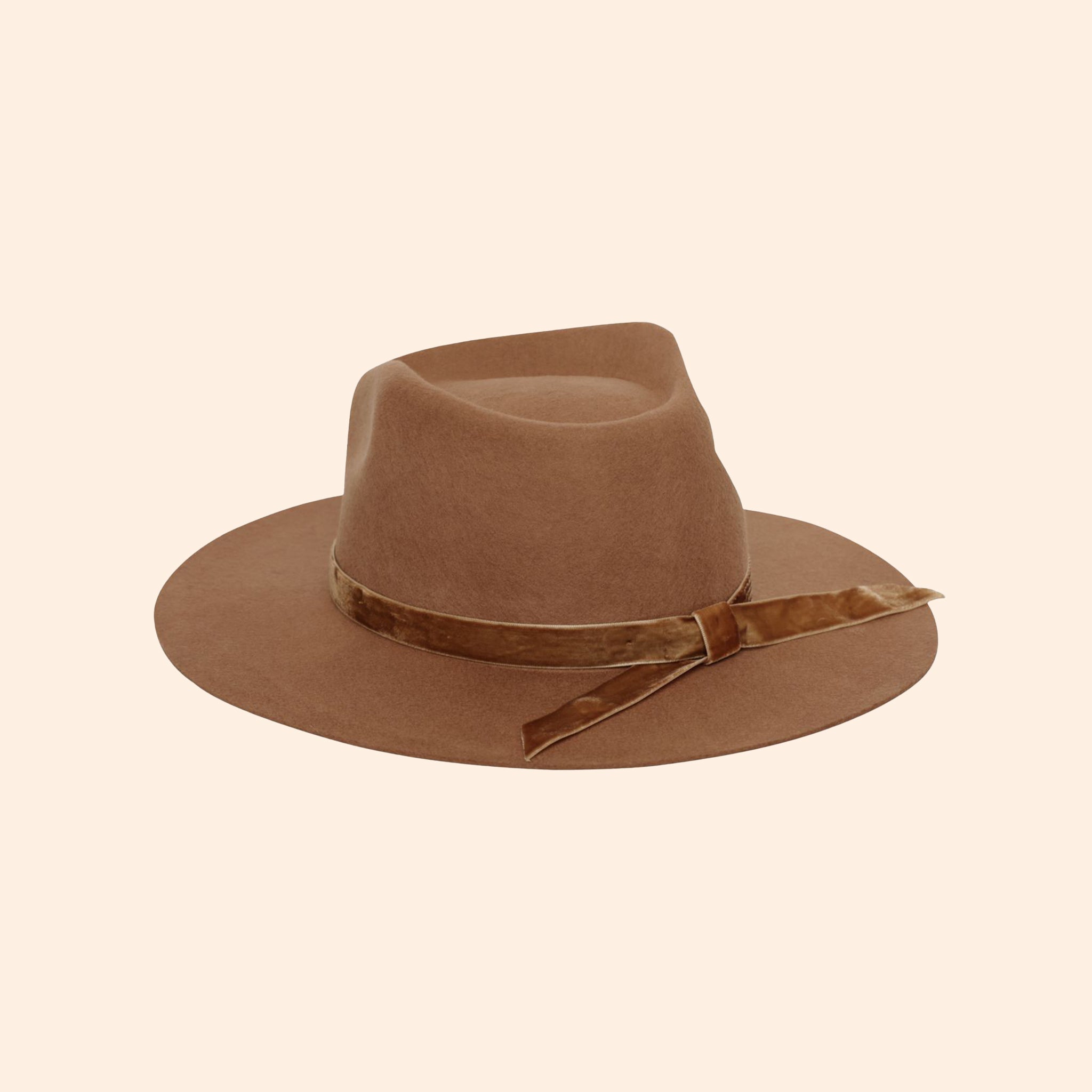 A wood brown hat with a flat brim. 