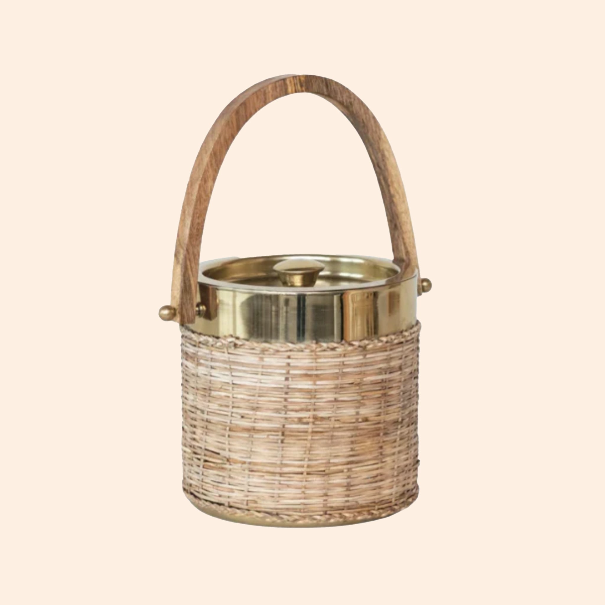 A woven rattan ice bucket with a wood handle and gold lid detail. 