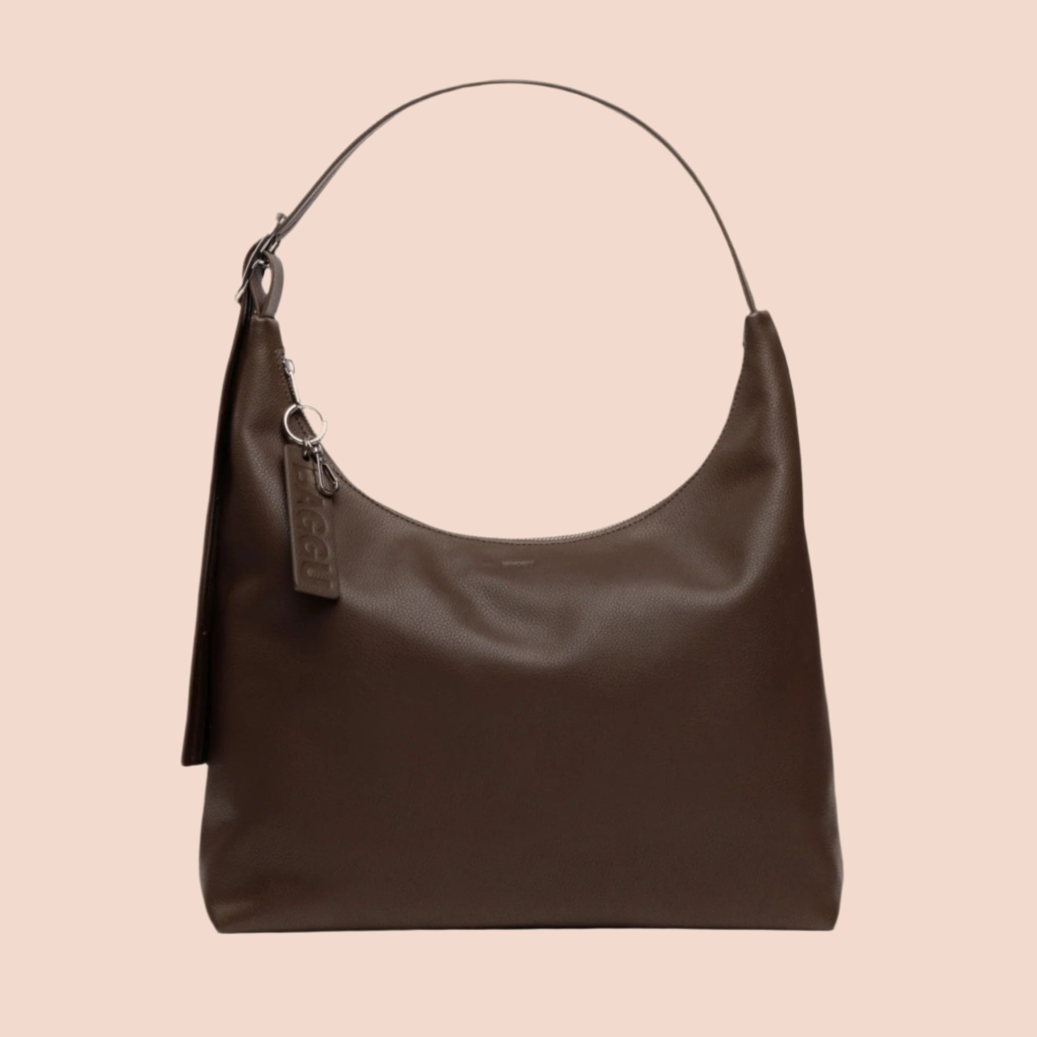 A brown leather shoulder handbag. 