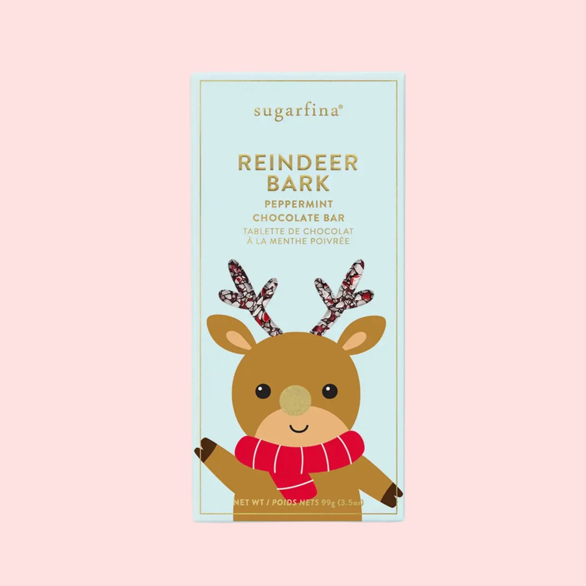 A dark chocolate bar with blue packaging and a reindeer graphic on the front. 