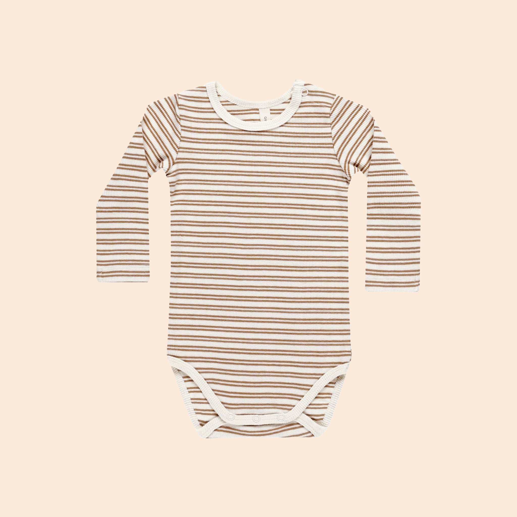 A striped long sleeve bodysuit for babies with snap closures at the shoulder and bottom for easy changing. 