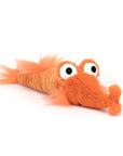 A bright orange razor fish shaped stuffed toy. 