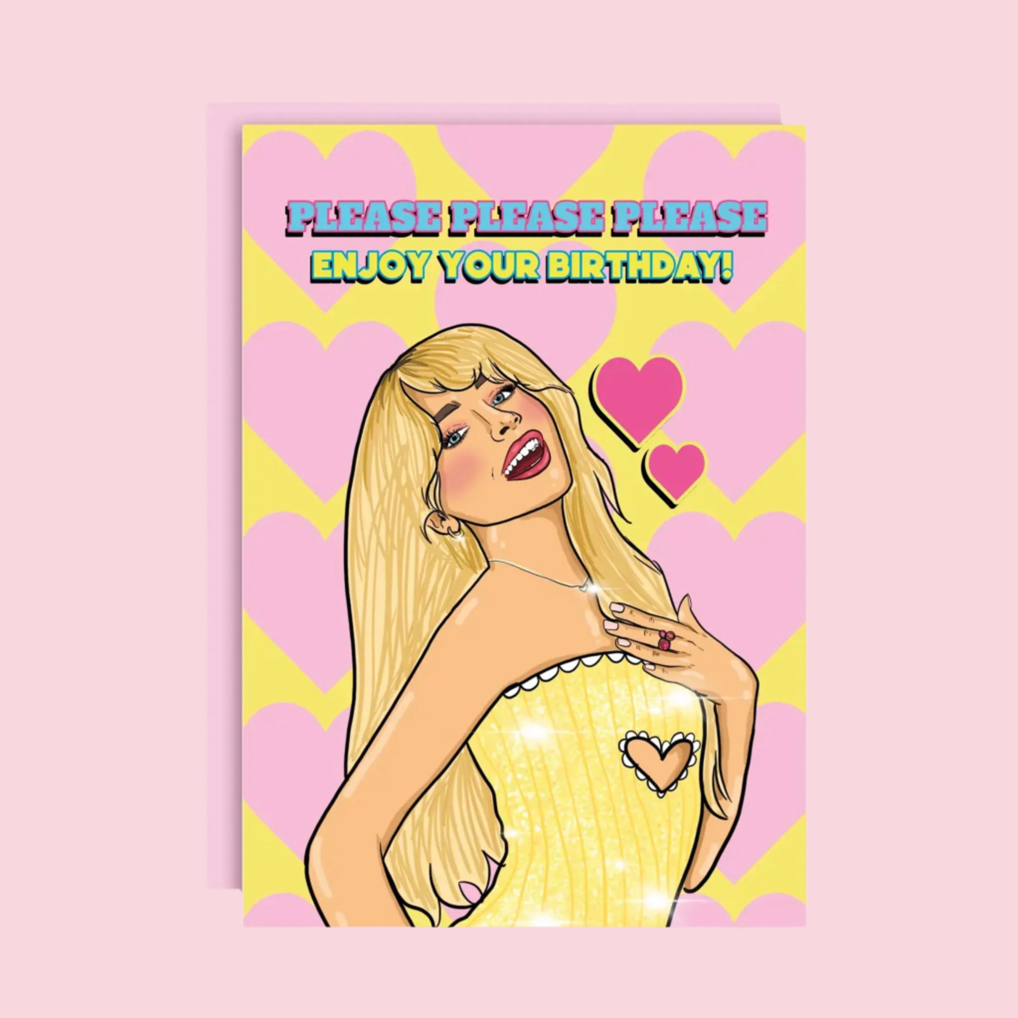 A pink and yellow card with a graphic inspired by Sabrina Carpenter surrounded by hearts and text that reads 'Please Please Please Enjoy Your Birthday!'. 