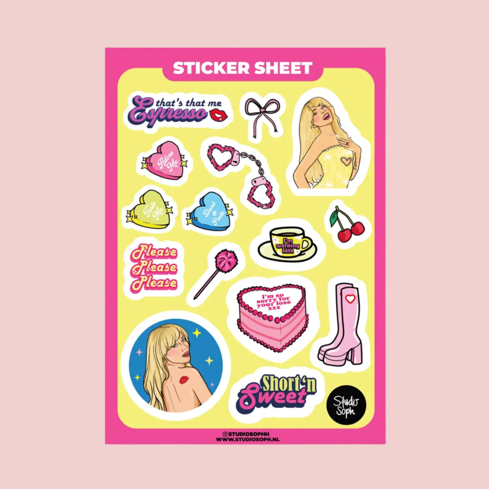 A hot pink and yellow sheet filled with Sabrina Carpenter themed stickers including shapes like cherries, cake, heart shaped handcuffs, lolipops and Sabrina Carpenter herself. 