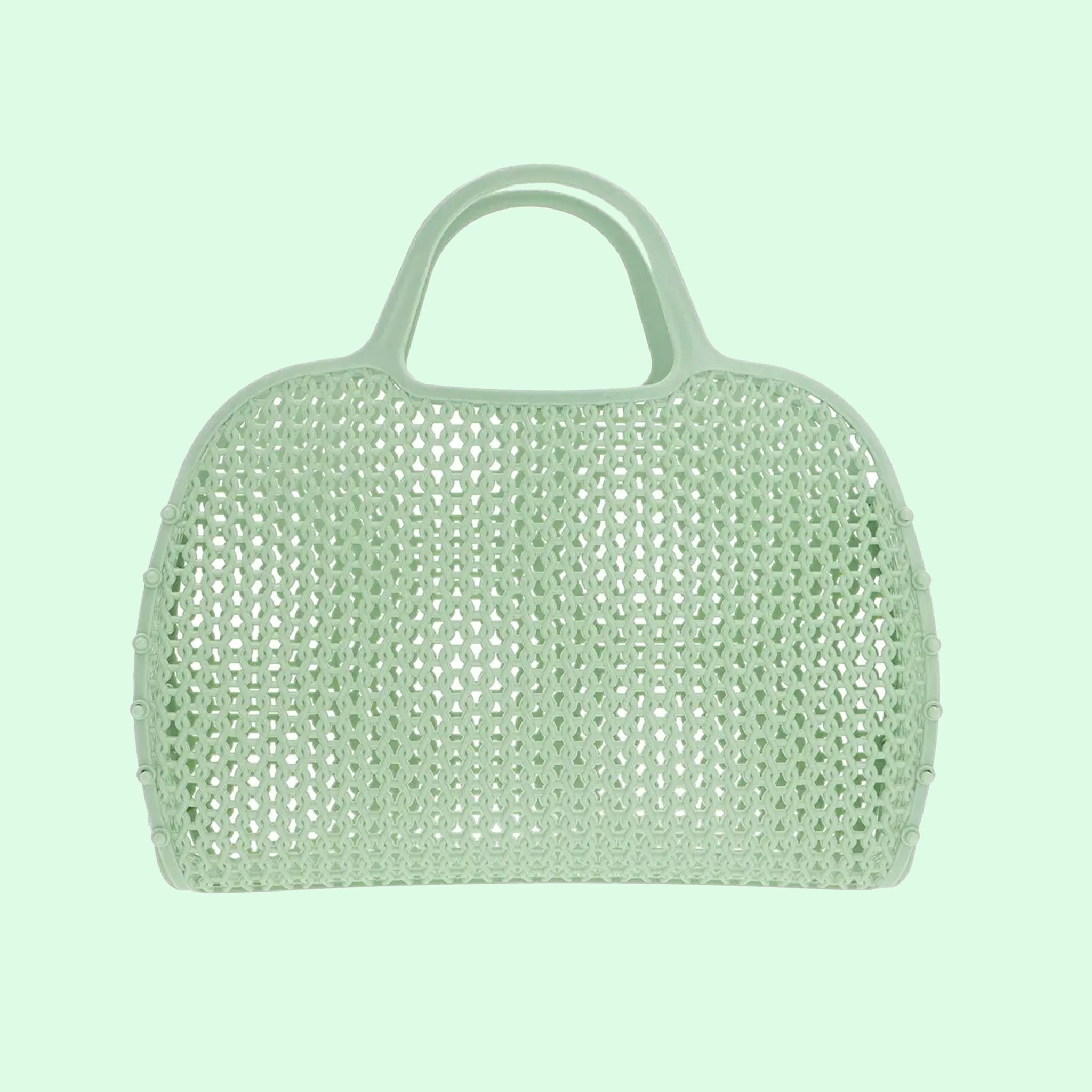 A plastic wicker style handbag with two handles. 