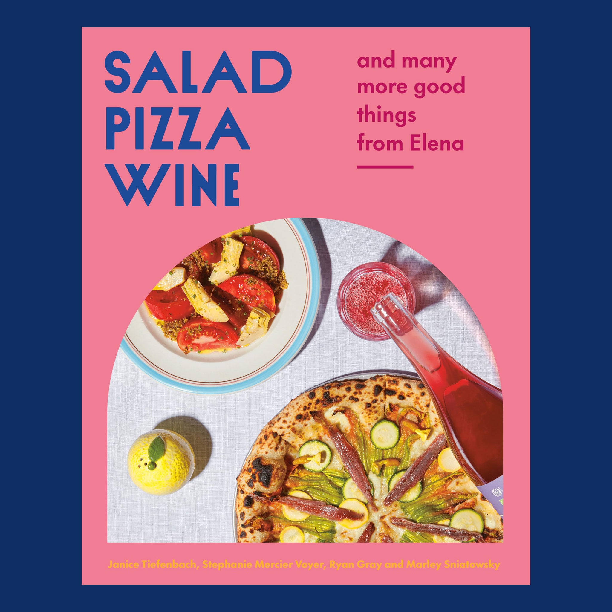 A pink hardback book with blue text on the top left corner that reads, &quot;Salad Pizza Wine&quot;, &quot;and many more good things from Elena&quot; along with an arched photo of food on a table scape