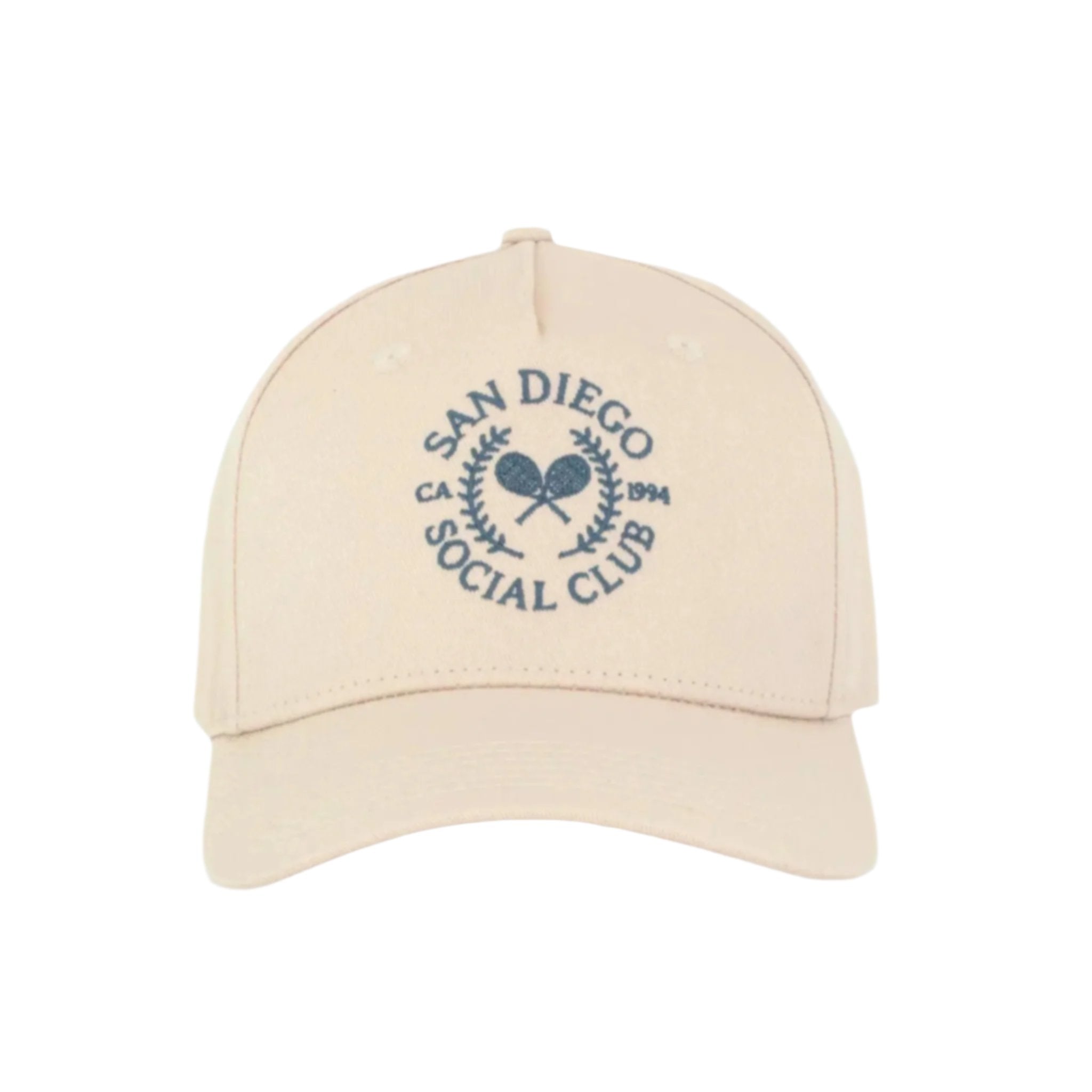 A tan baseball cap with a blue embroidered logo that has two crossed tennis racquets and text that reads, 'San Diego Social Club'. 