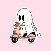 A ghost on a scooter shaped sticker. 