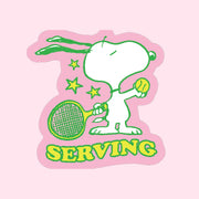 A pink and green snoopy sticker serving a tennis ball and text below that reads, 'Serving'.