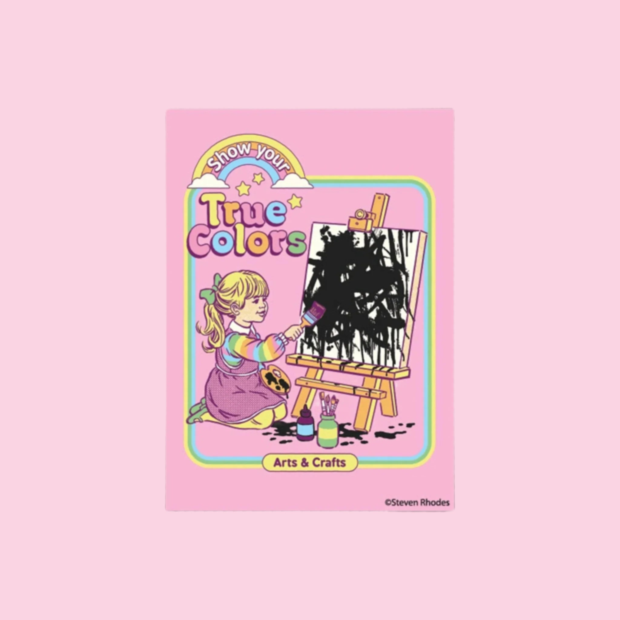 A pink rectangle magnet with a vintage inspired illustration of a little girl painting black all over a canvas with text that reads, 'Show your True Colors'. 