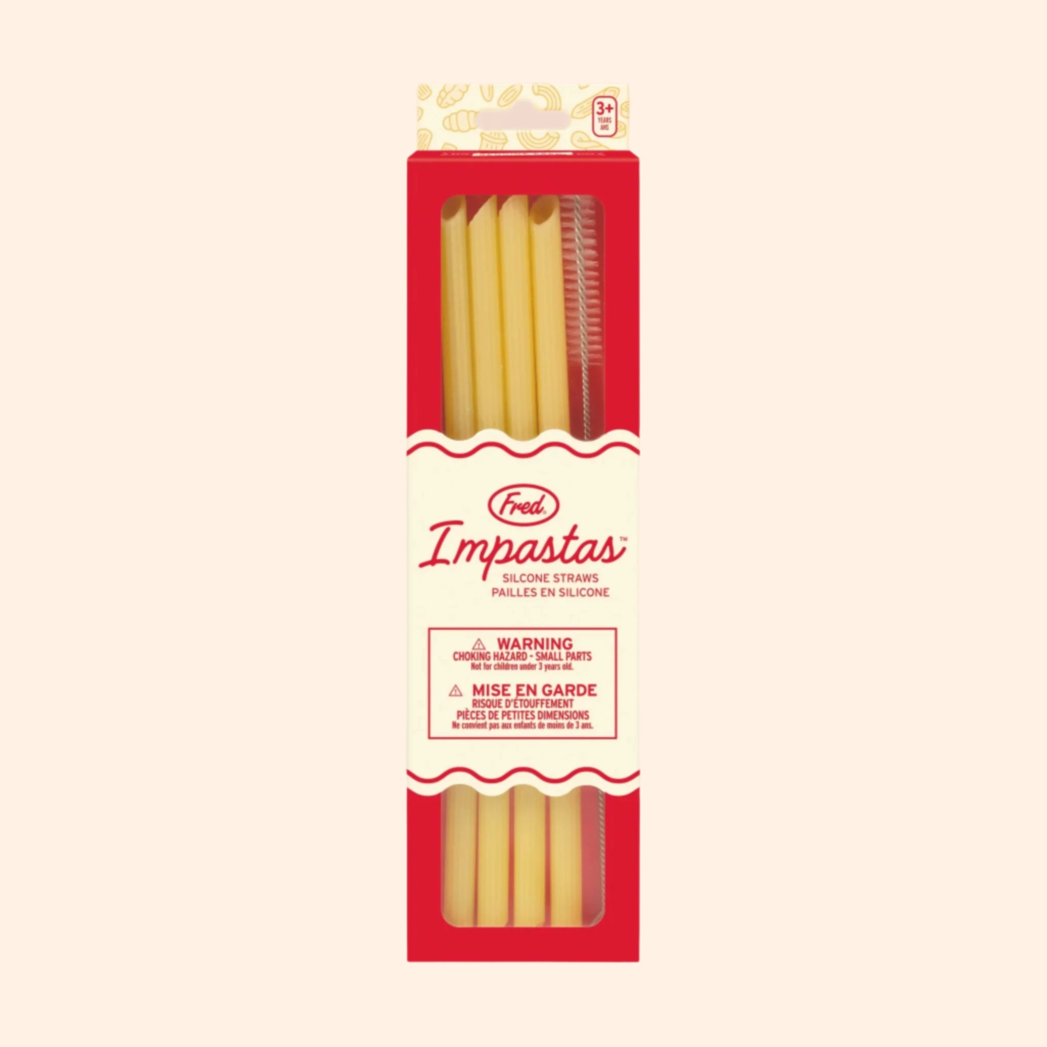 A pack of four pasta shaped silicone straws in a red and tan box. 