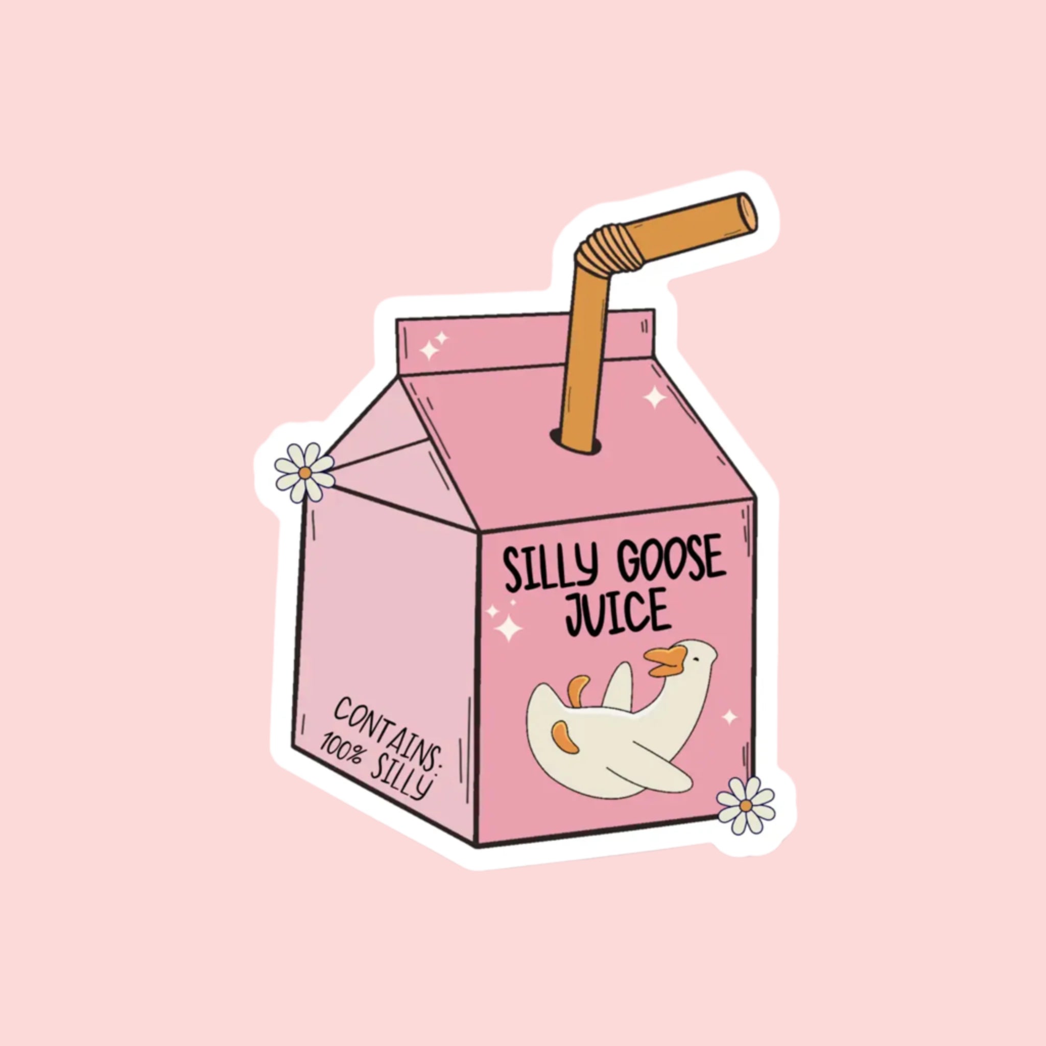 A pink juice box shaped sticker with an orange straw and an illustration of a goose on the front with black text that reads, 'Silly Goose Juice'. 