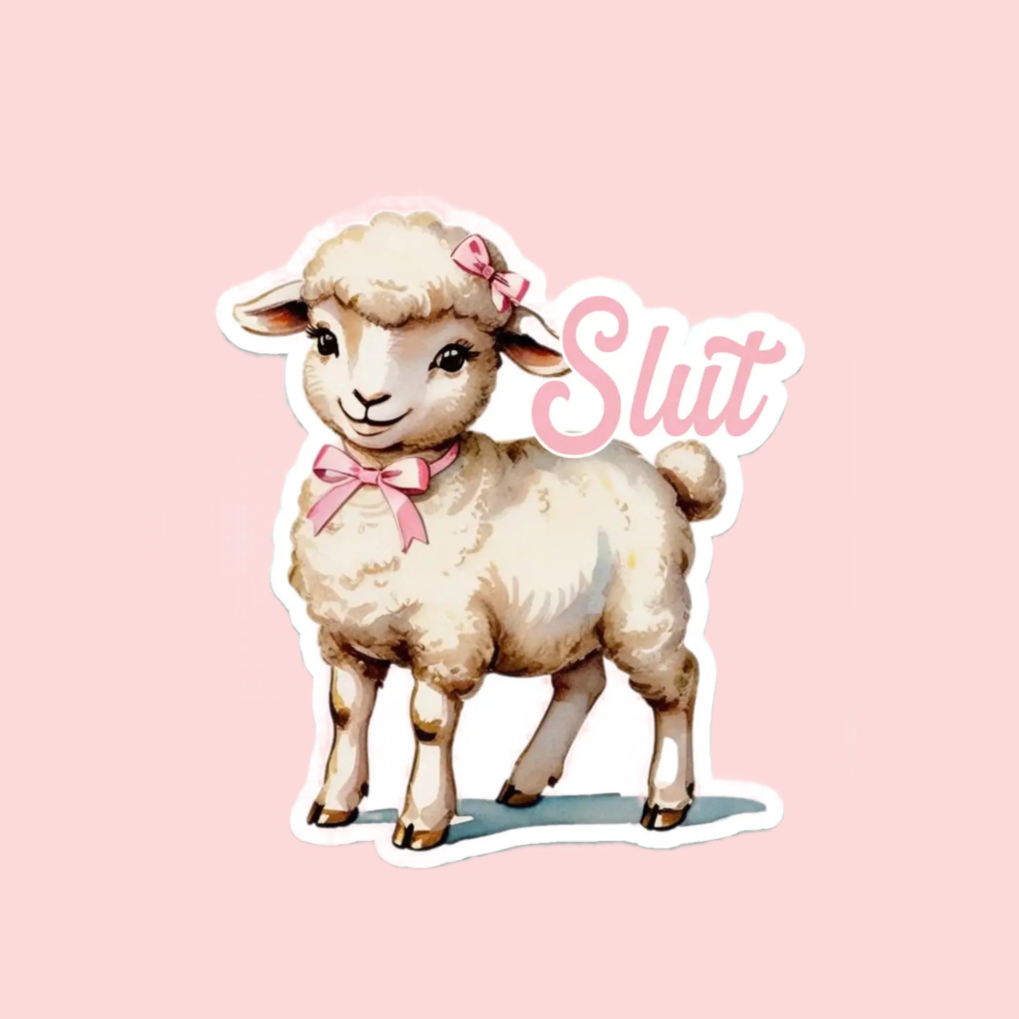 A lamb shaped sticker wearing a pink bow around its neck and on its head and pink text that reads, 'Slut'. 