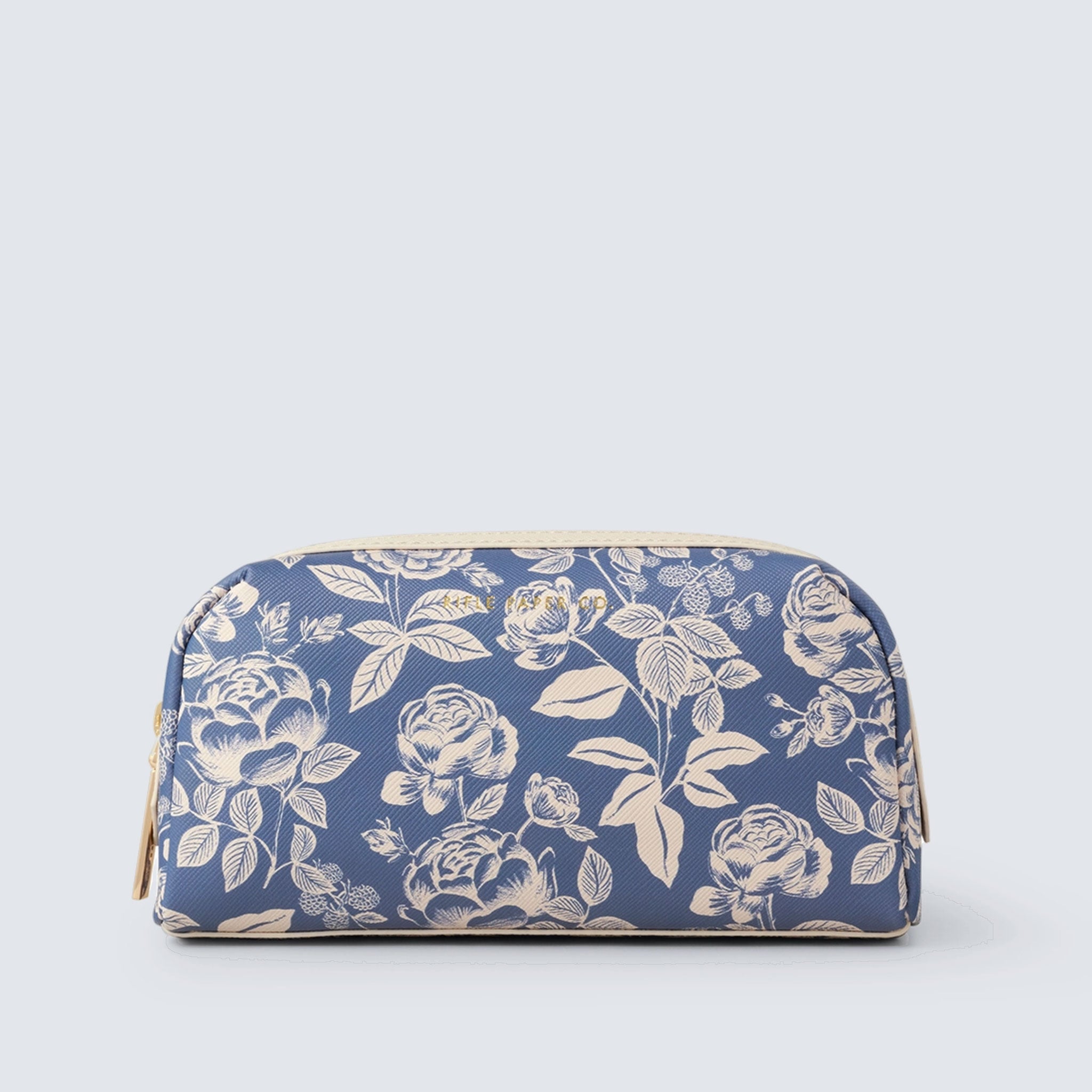 blue cosmetic pouch with white flower pattern