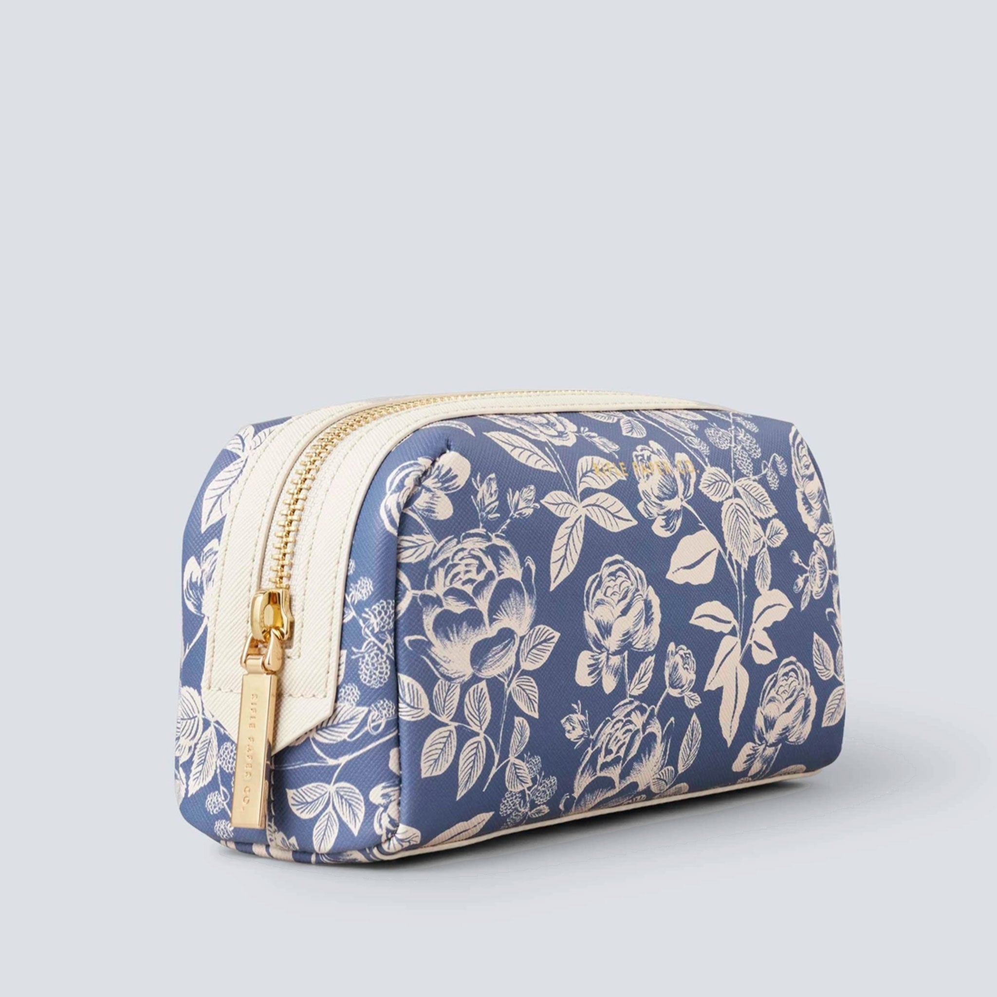 blue cosmetic pouch with white flower pattern