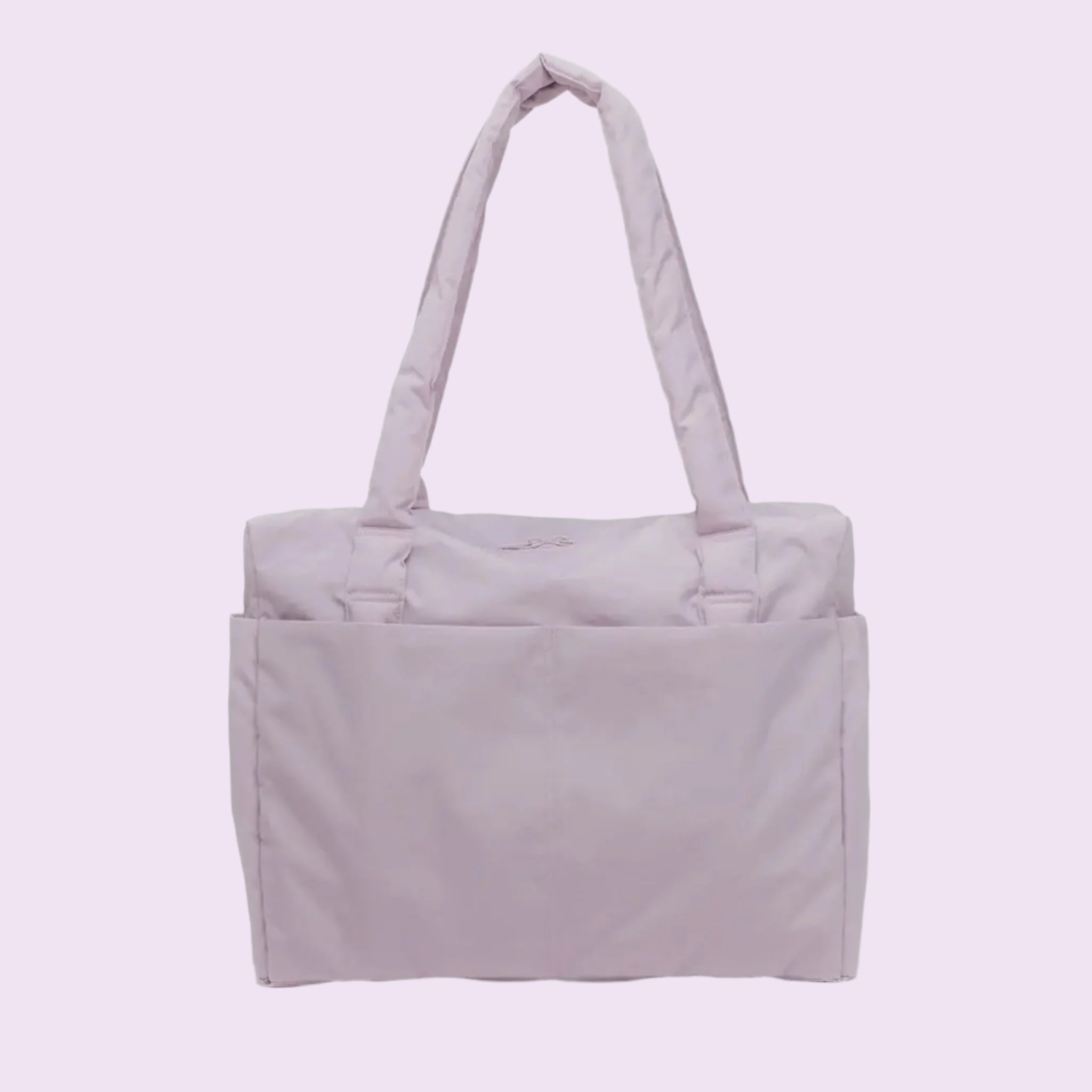 A light pink puffer tote bag. 