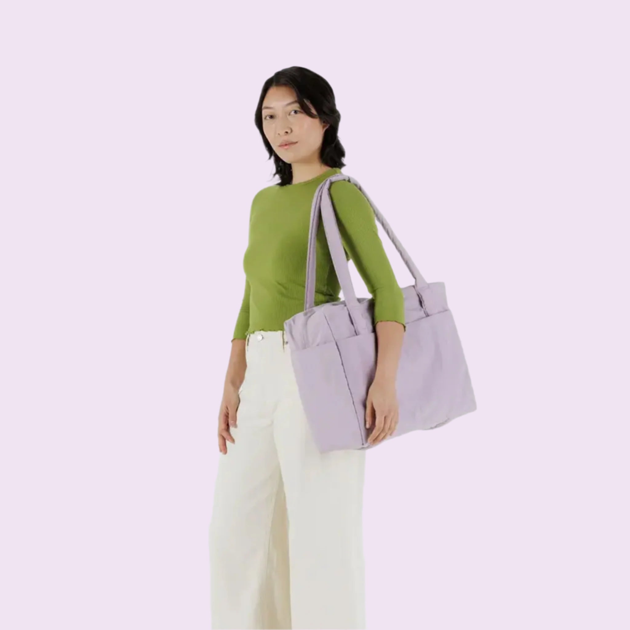 A light pink puffer tote bag. 