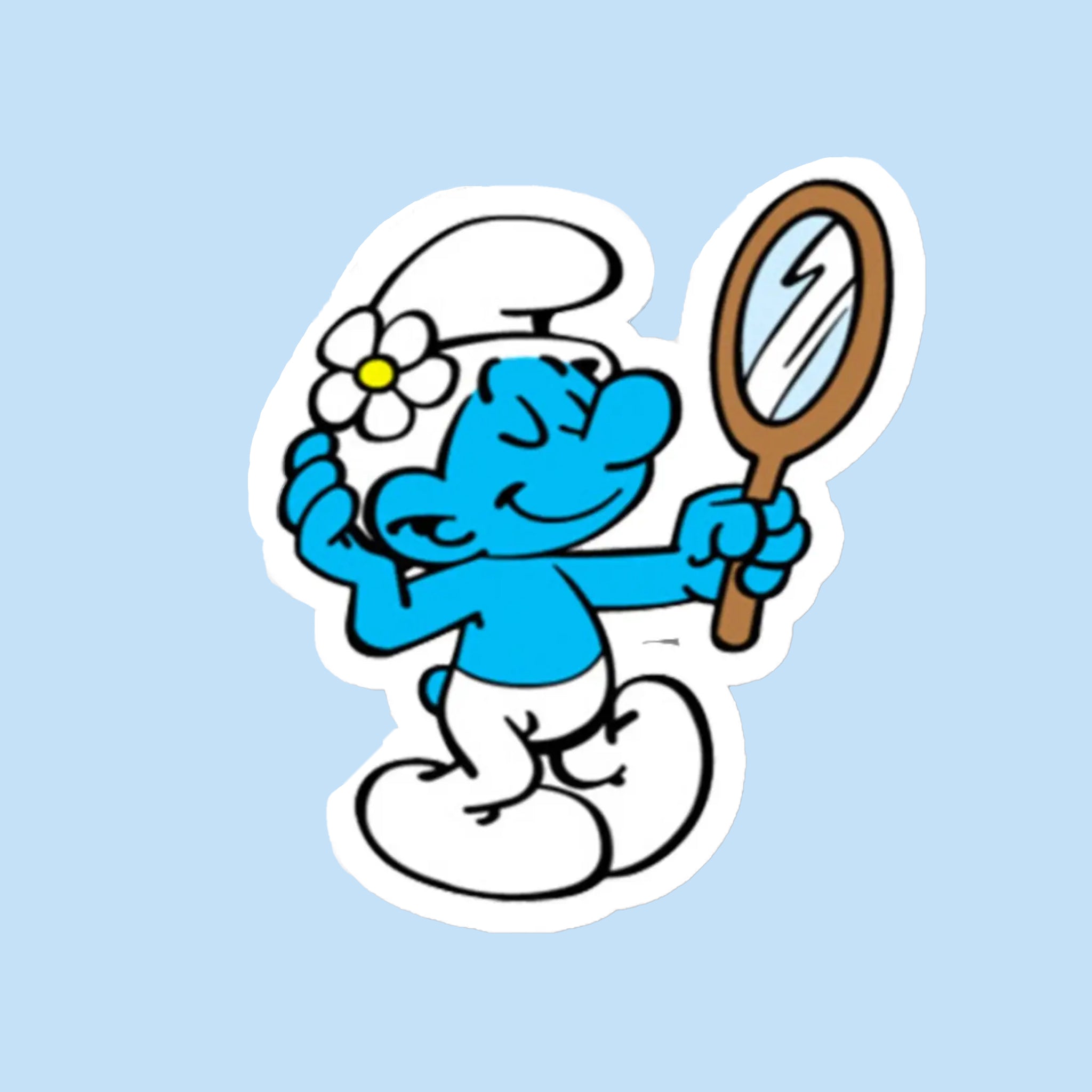 A blue and white sticker of a blue smurf looking into a hand held mirror. 