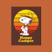 A brown, yellow and orange magnet with a graphic of Snoopy with text underneath that reads, "Happy Camper". 