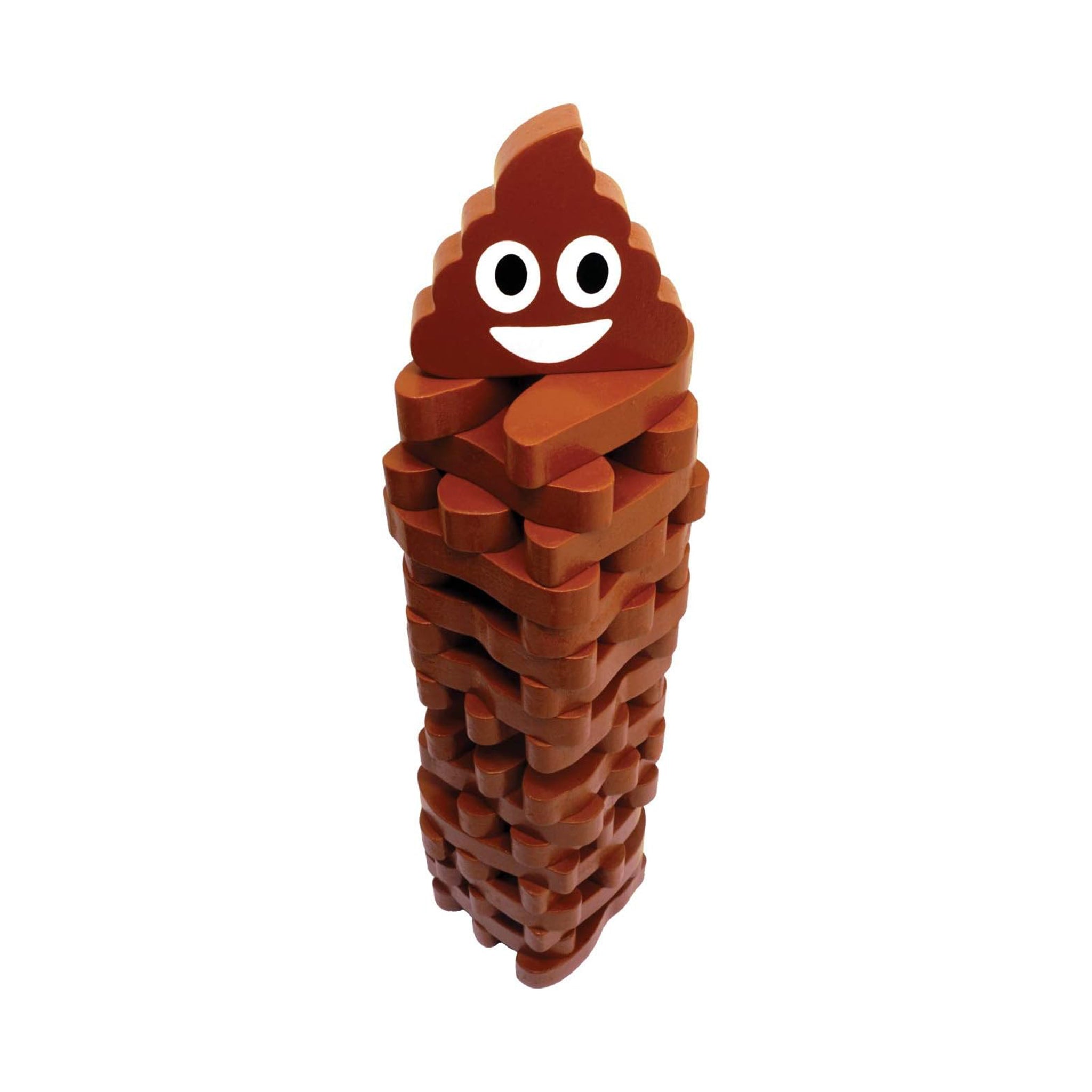 A brown wooden stacking game with a poop emoji shaped top. 