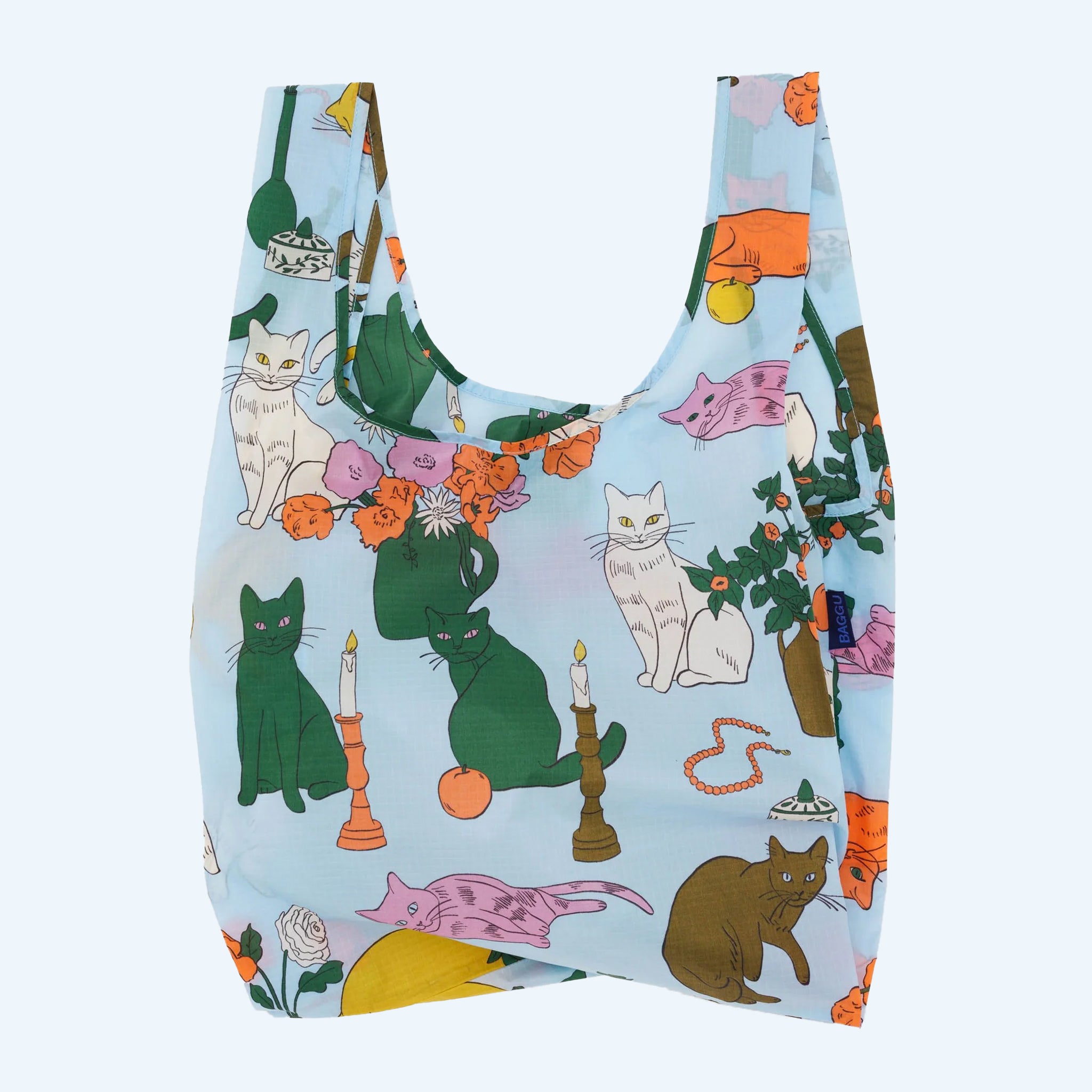 A nylon bag with a cat design. 