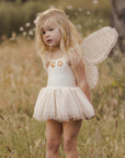 A set of champagne colored costume wings with champagne gold stars and elastic arm bands. 