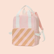 A pink backpack with orange stripes. 