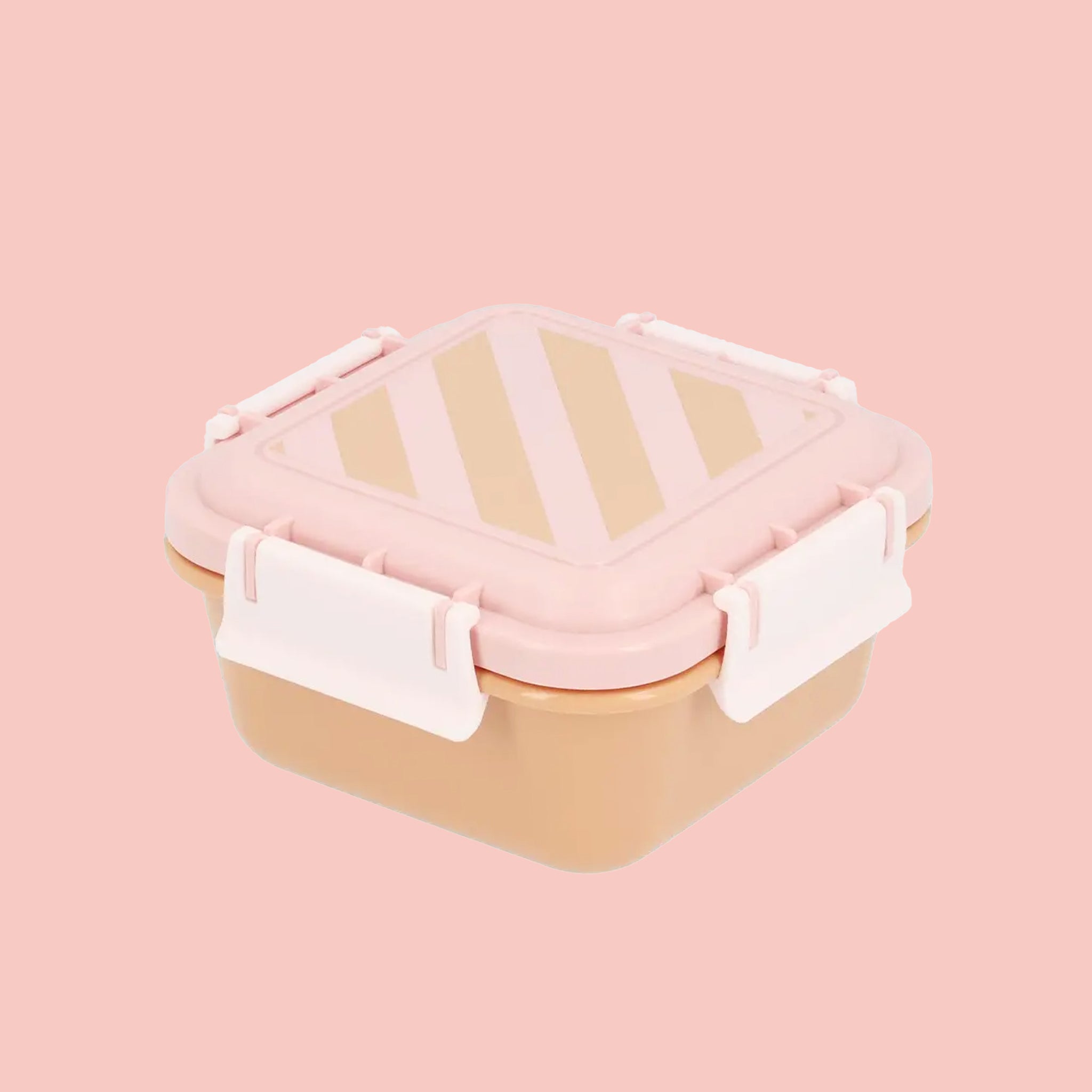 A lunch box with a pink and orange stripe. 