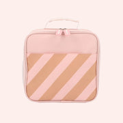 A pink and peachy colored striped lunch box with a double zipper and handle for carrying. 